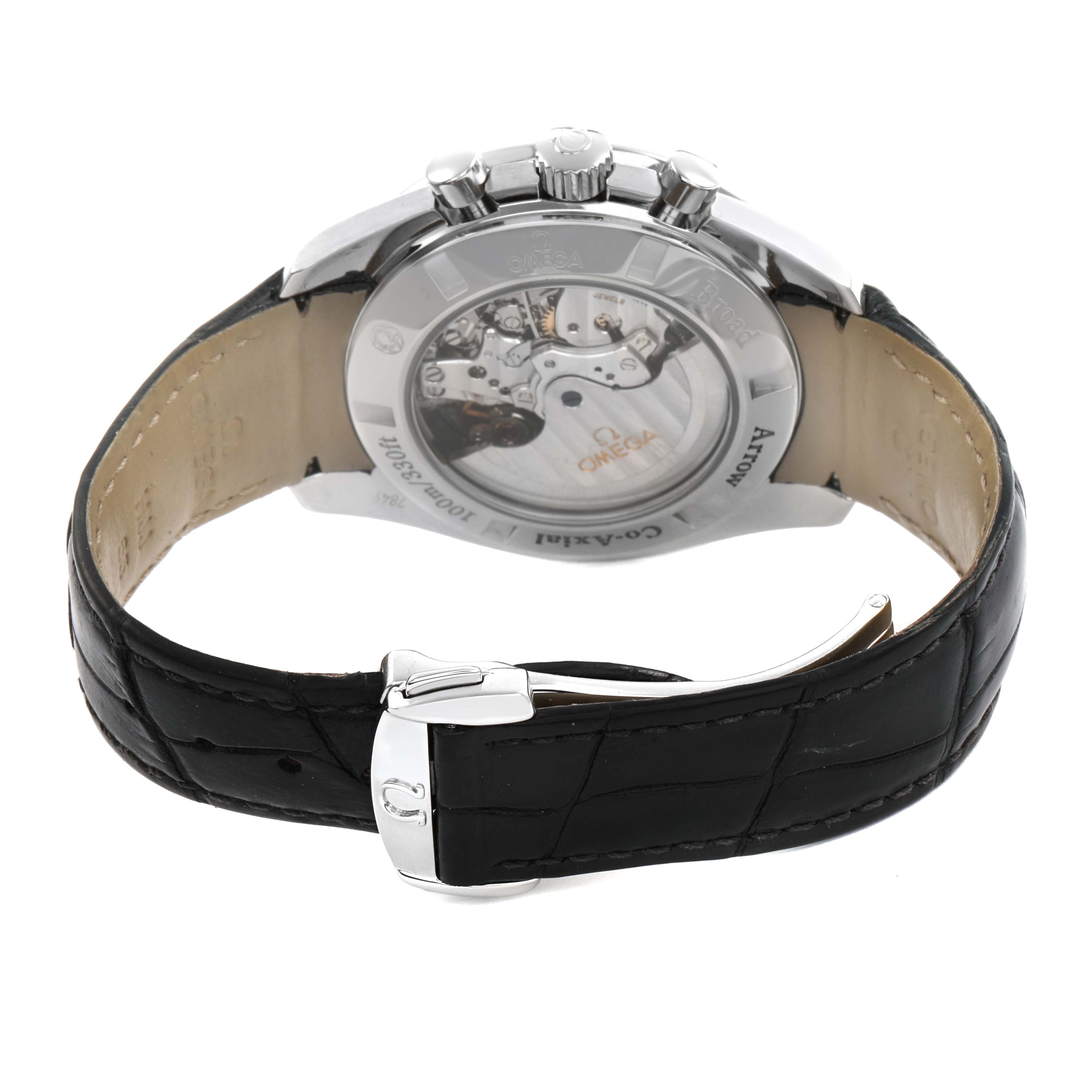 The Omega Speedmaster 321.13.44.50.02.001 Men's Stainless Steel Silver Dial is shown from the back, highlighting the exhibition case back and black leather strap.