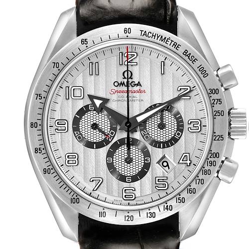 The Omega Speedmaster 321.13.44.50.02.001 Mens Stainless Steel Silver Dial watch is shown from a front angle, highlighting the dial, subdials, crown, and tachymeter bezel.