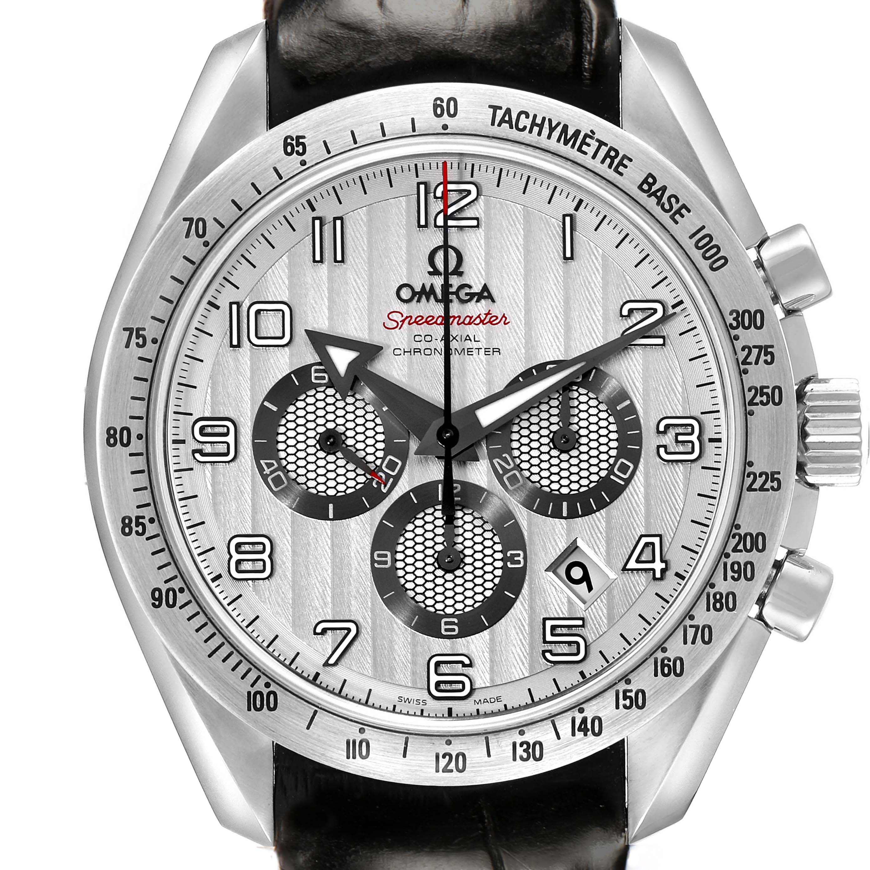 The Omega Speedmaster 321.13.44.50.02.001 Men's Stainless Steel Silver Dial watch is shown from the front, displaying its face, chronograph dials, tachymeter, and side pushers.