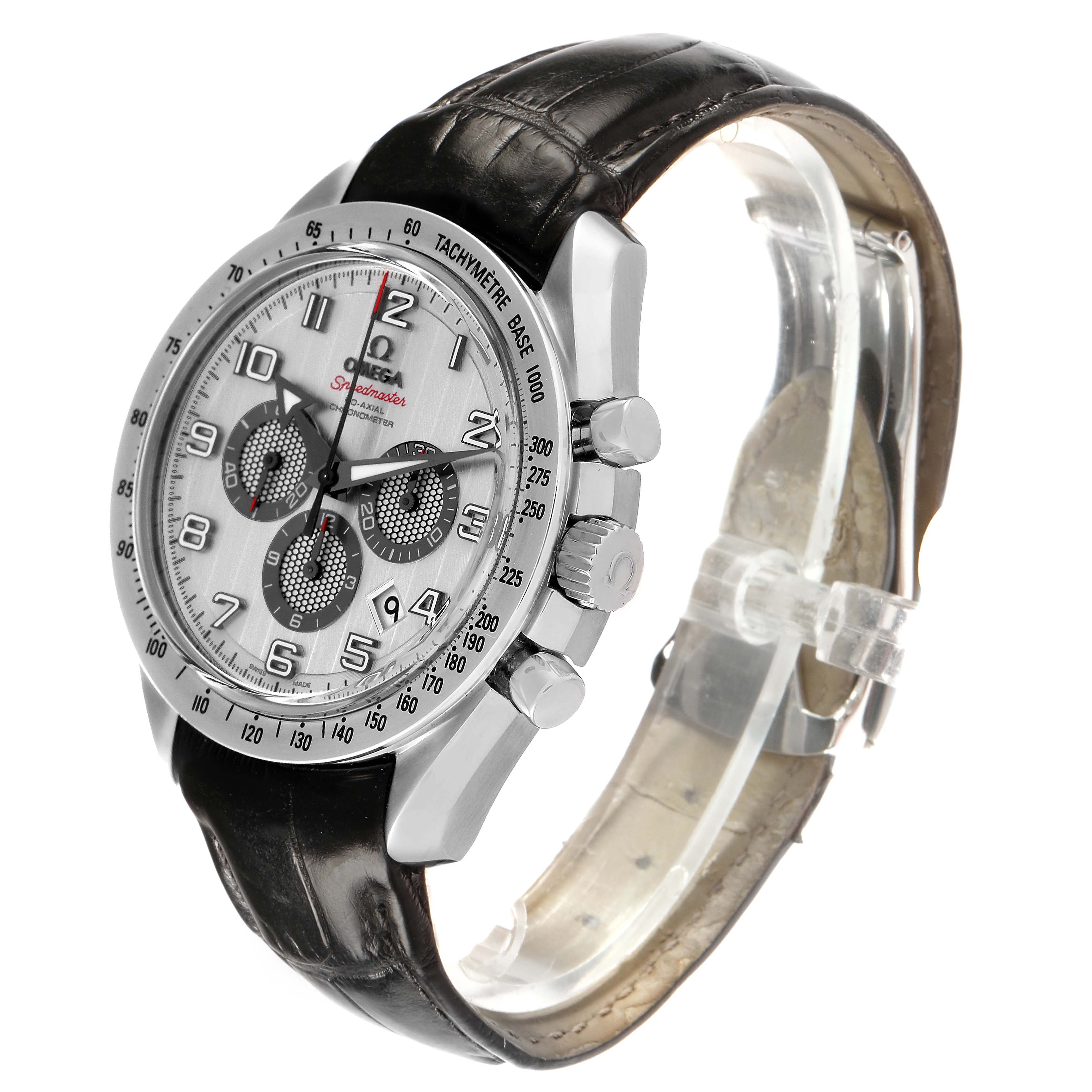 The Omega Speedmaster 321.13.44.50.02.001 Men's Stainless Steel Silver Dial watch is shown at a three-quarter angle, displaying its dial, case, crown, pushers, and leather strap.