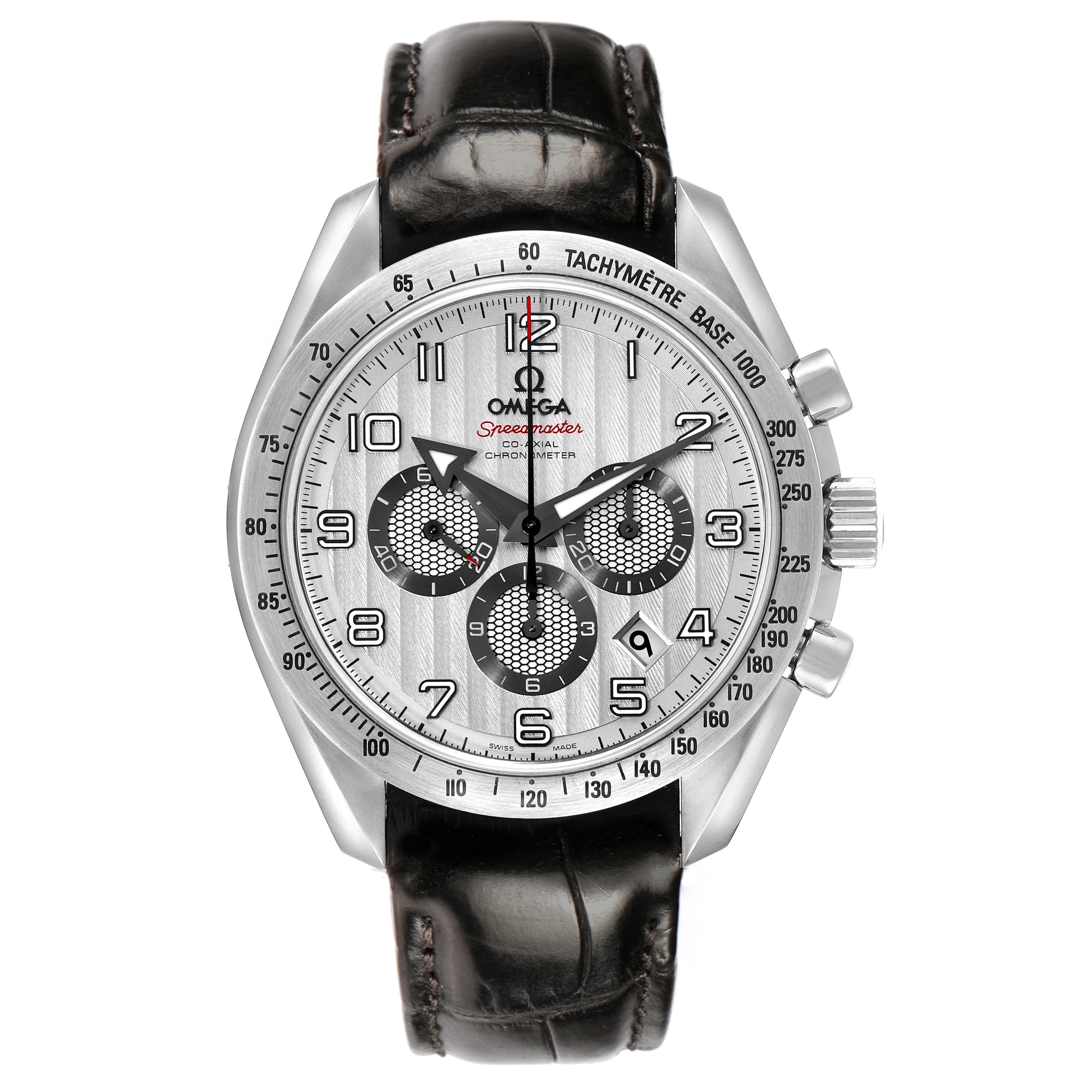 The Omega Speedmaster 321.13.44.50.02.001 Men's Stainless Steel Silver Dial watch is shown from the front, displaying the dial, tachymeter bezel, chronograph sub-dials, and black leather strap.