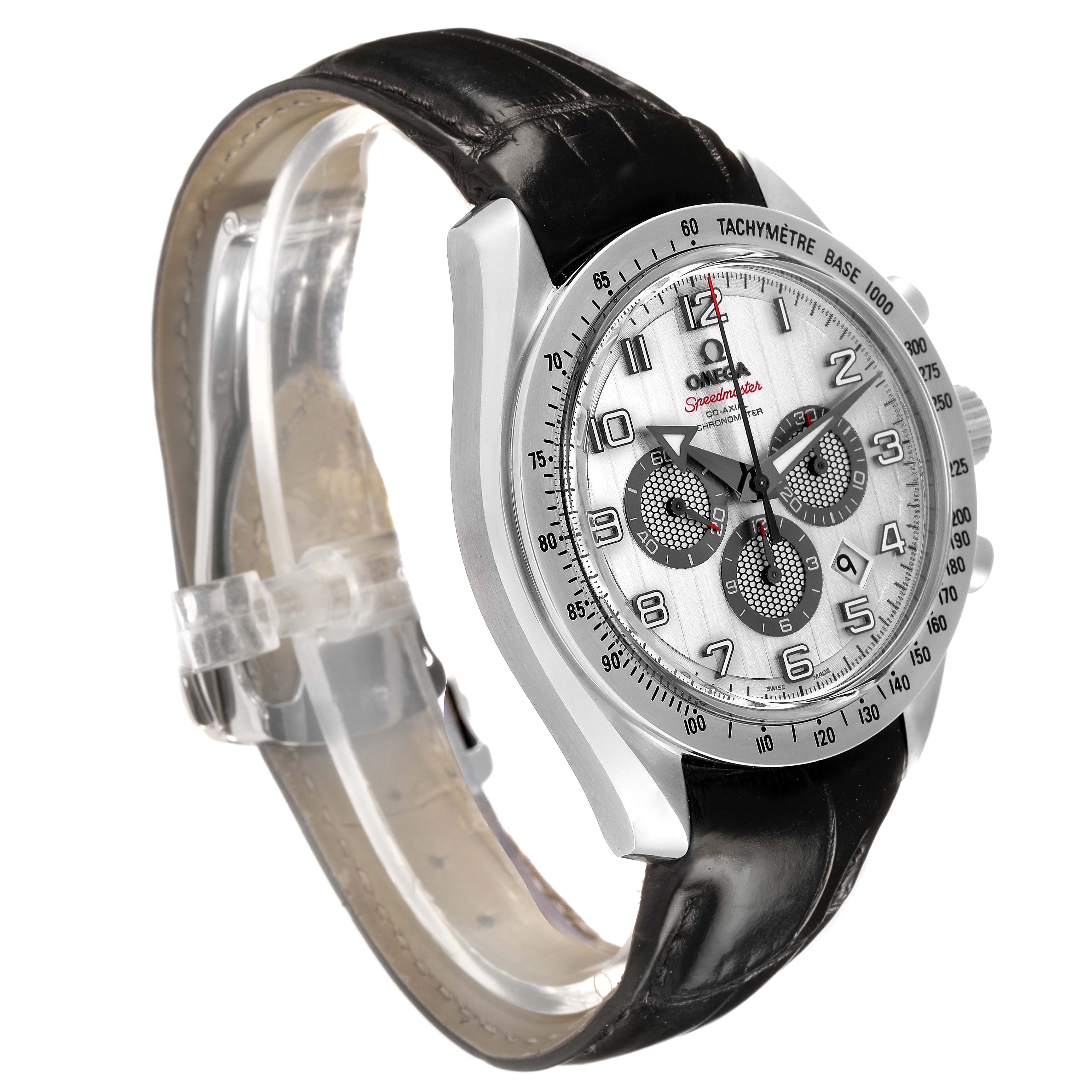 The Omega Speedmaster 321.13.44.50.02.001 Men's Stainless Steel Silver Dial watch is shown at a slight angle, highlighting its face, bezel, and black leather strap.