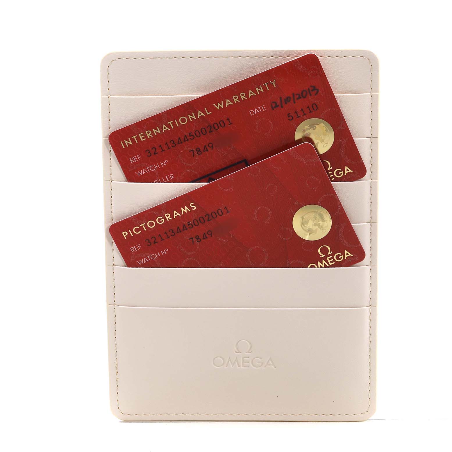 The image shows Omega Speedmaster 321.13.44.50.02.001 Men's Stainless Steel Silver Dial model warranty and pictogram cards in a light leather holder.
