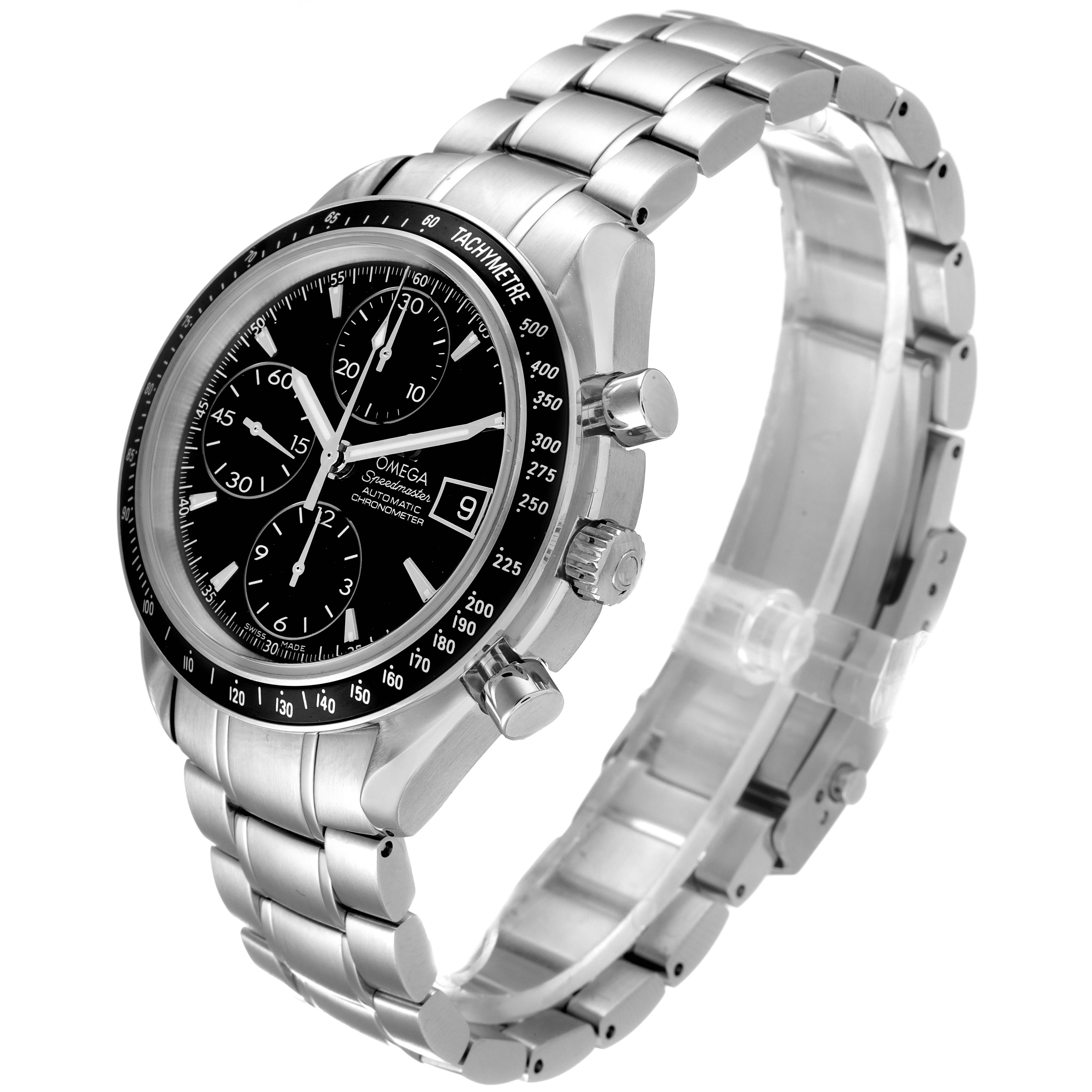 The Omega Speedmaster 3210.50.00 Men
s Stainless Steel Black Dial 3210.50.00 Men
s Stainless Steel Black Dial watch is shown at a three-quarter angle, highlighting the face, bracelet, pushers, and crown.