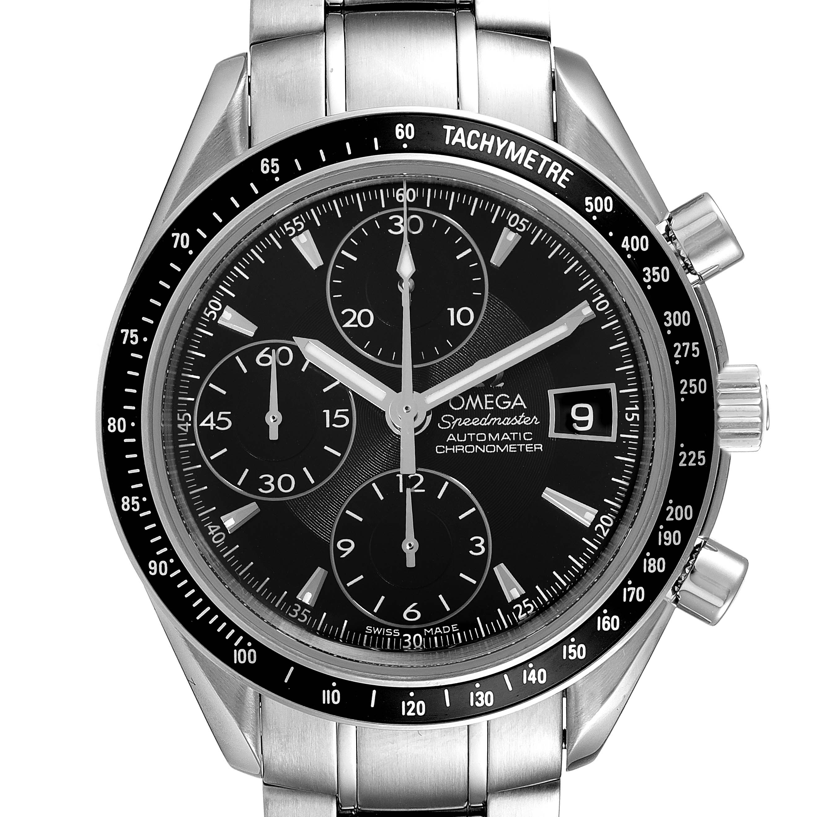 The image shows a front view of an Omega Speedmaster 3210.50.00 Men
s Stainless Steel Black Dial 3210.50.00 Men
s Stainless Steel Black Dial watch, featuring its dial, tachymeter bezel, and chronograph subdials.