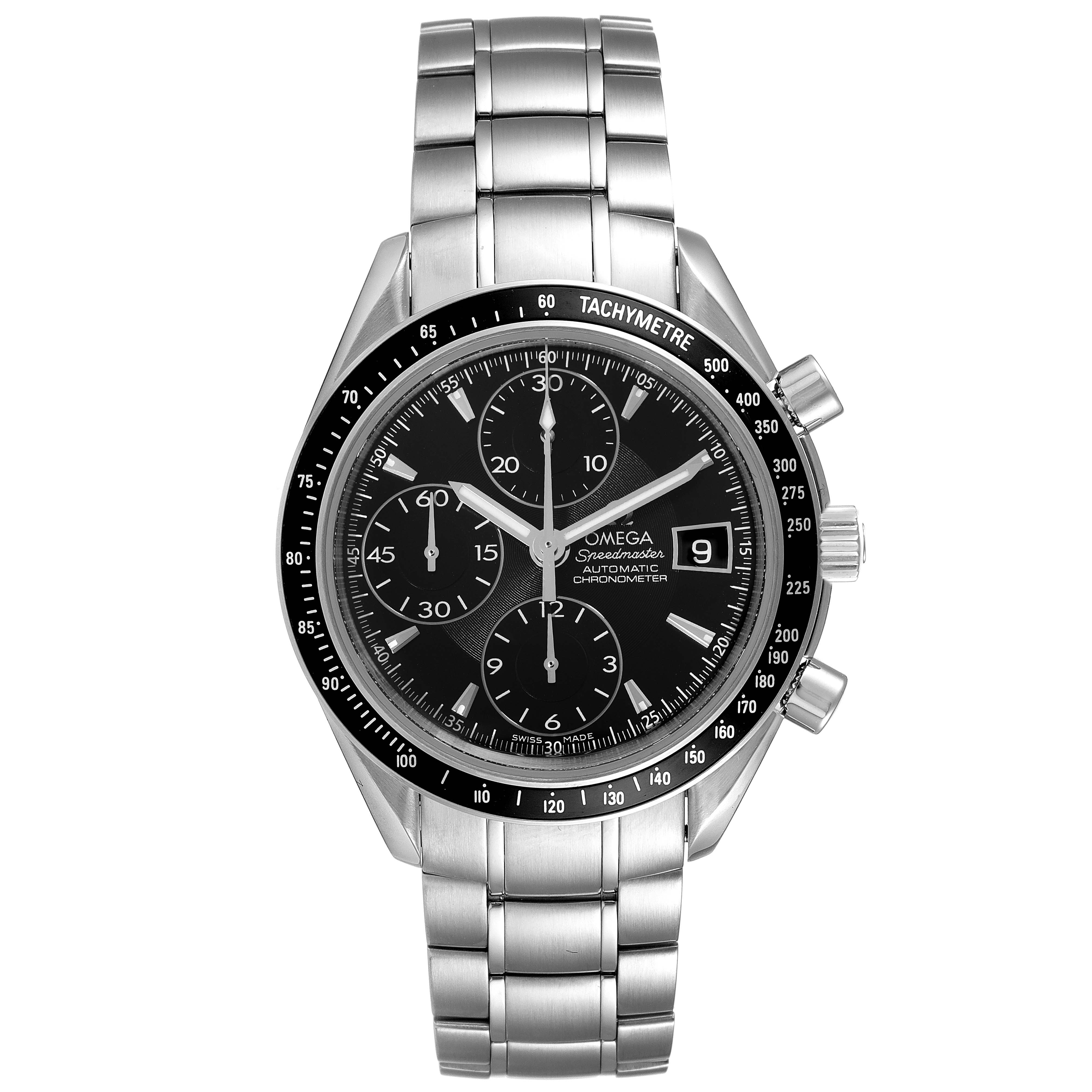 The image shows a frontal view of an Omega Speedmaster 3210.50.00 Men
s Stainless Steel Black Dial 3210.50.00 Men
s Stainless Steel Black Dial watch, displaying the dial, tachymeter bezel, and metal bracelet.
