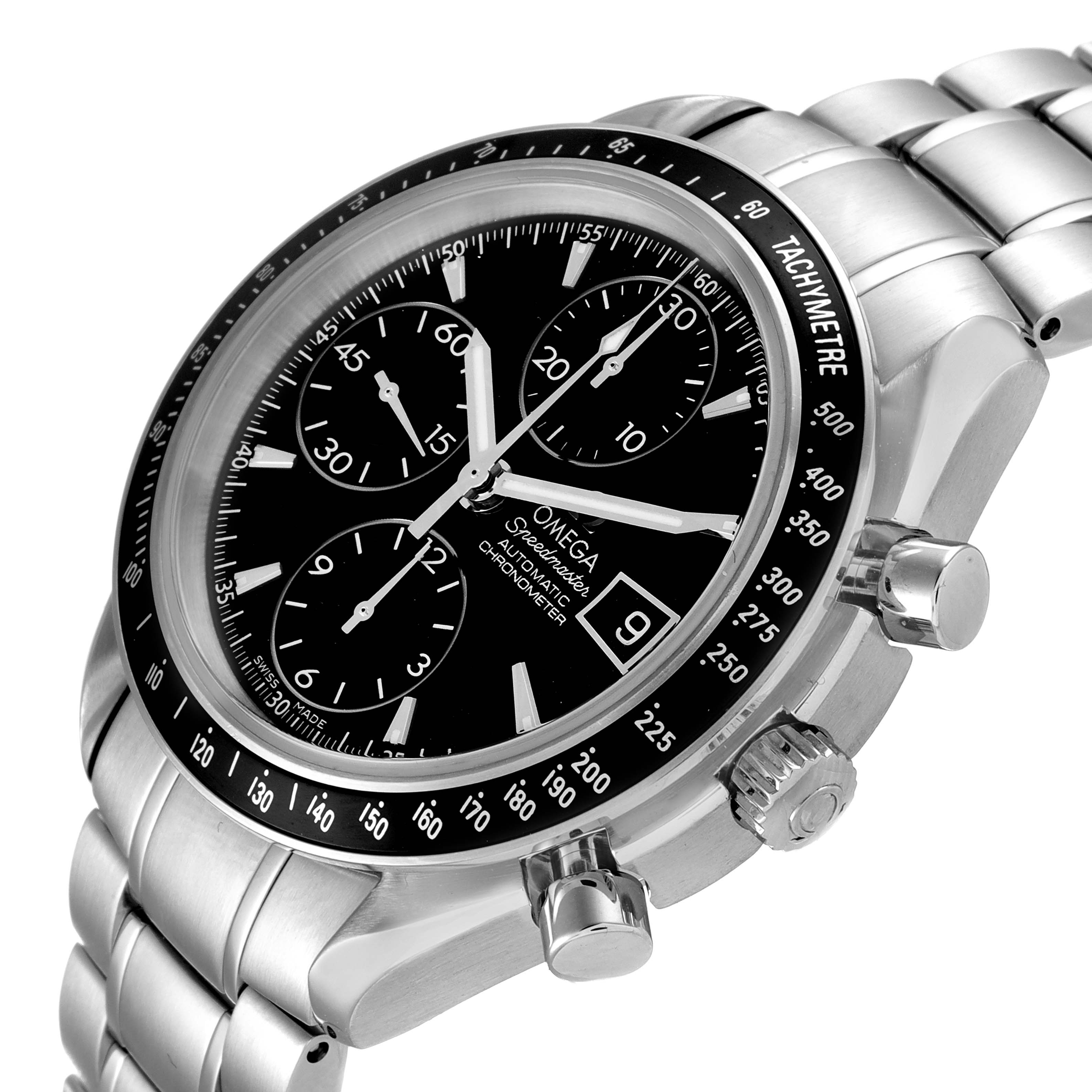 The image shows a close-up, angled view of an Omega Speedmaster 3210.50.00 Men
s Stainless Steel Black Dial 3210.50.00 Men
s Stainless Steel Black Dial watch, highlighting its face, tachymeter bezel, and metal bracelet.