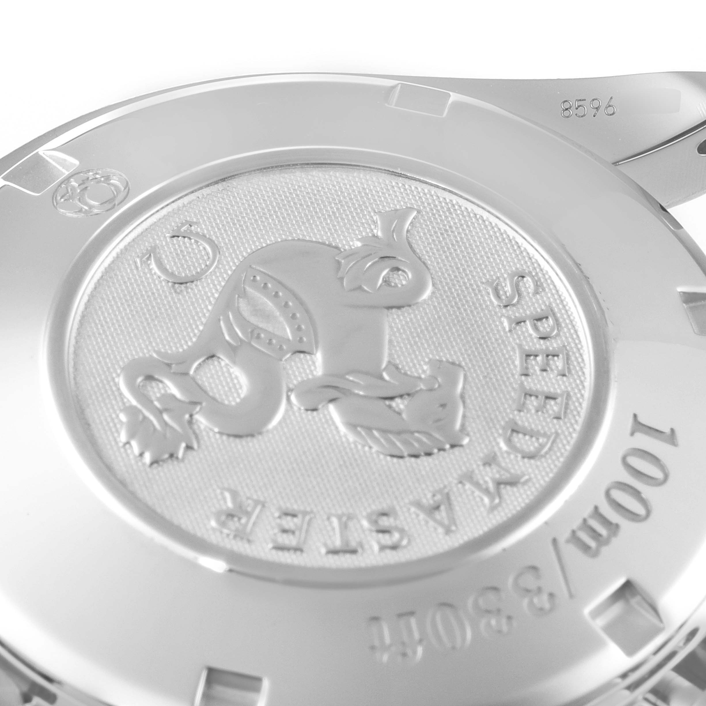 This image shows the engraved case back of an Omega Speedmaster 3210.50.00 Men
s Stainless Steel Black Dial 3210.50.00 Men
s Stainless Steel Black Dial watch, highlighting the seahorse logo and model details.