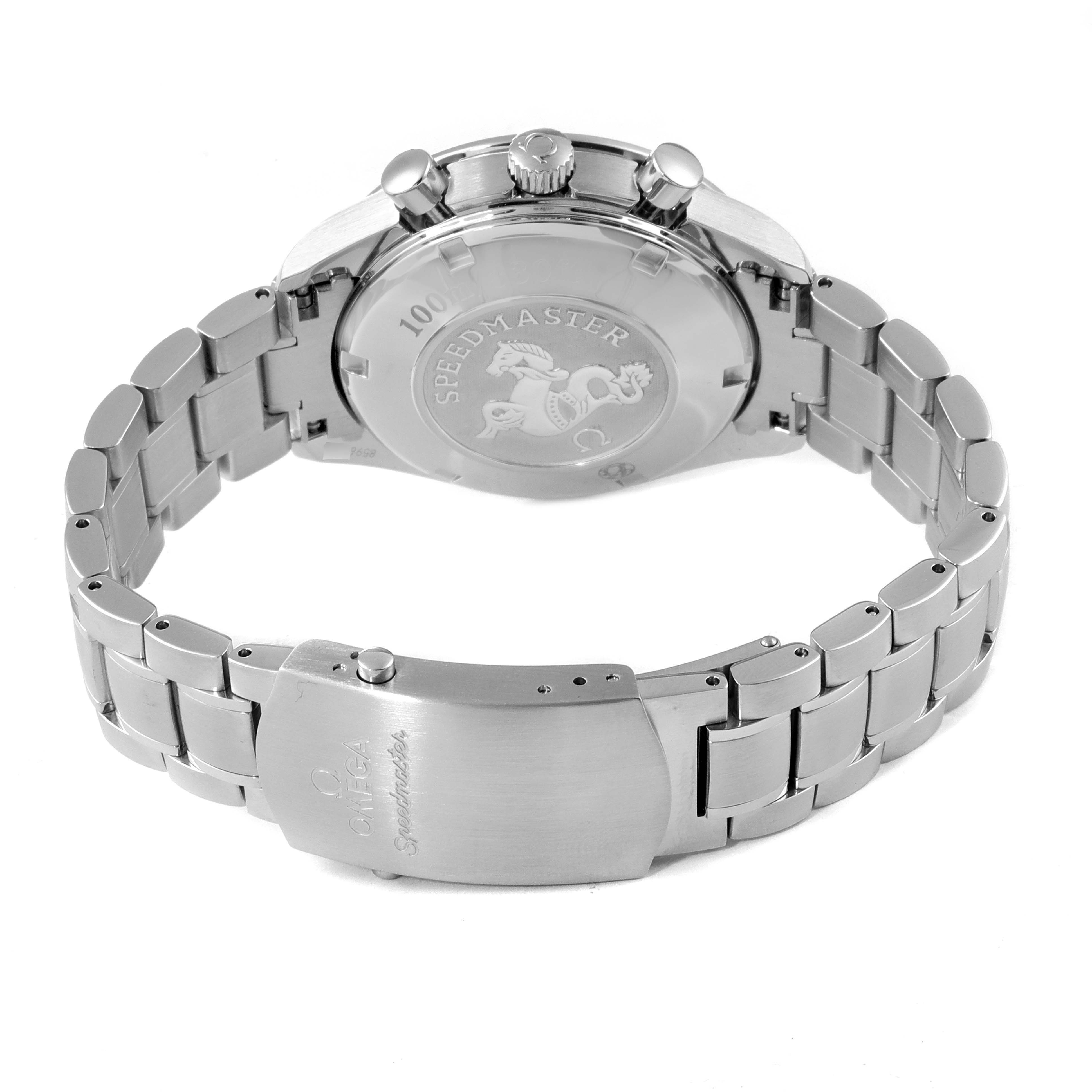 The image shows the back view and bracelet of the Omega Speedmaster 3210.50.00 Men
s Stainless Steel Black Dial 3210.50.00 Men
s Stainless Steel Black Dial watch, highlighting its clasp and case back details.