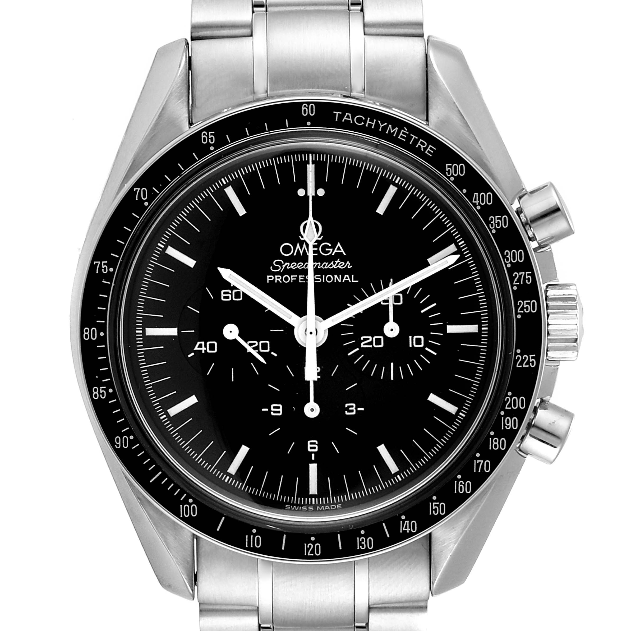 This image shows a front view of the Omega Speedmaster 3570.50.00 Men
s Stainless Steel Black Dial 3570.50.00 Men
s Stainless Steel Black Dial watch, highlighting the dial, chronograph sub-dials, and tachymeter bezel.