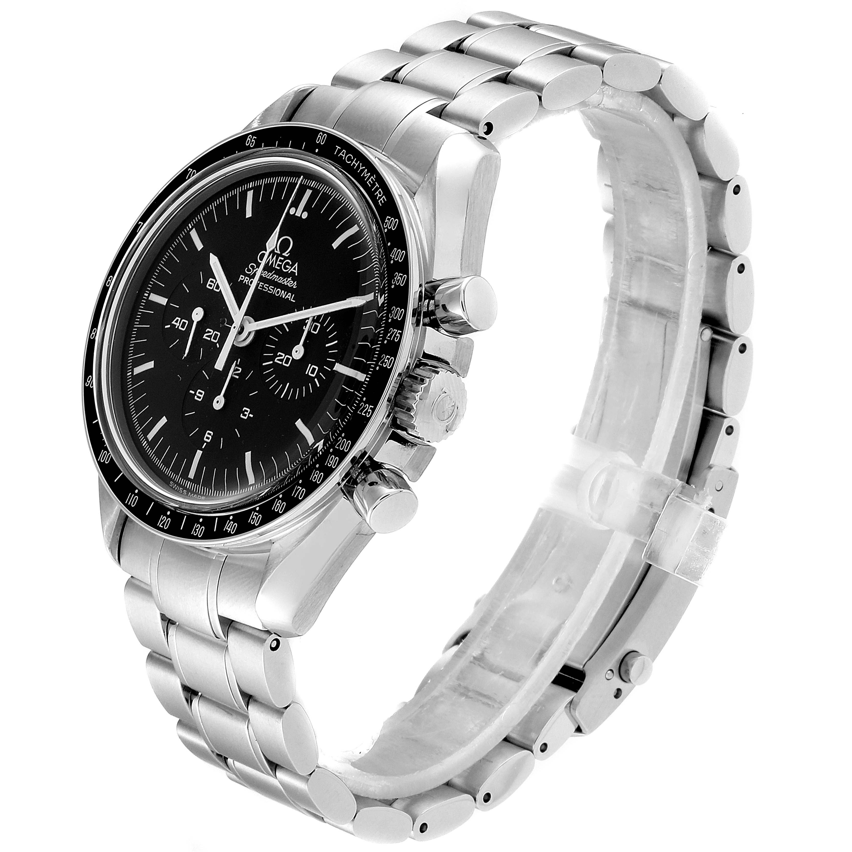 The Omega Speedmaster 3570.50.00 Men
s Stainless Steel Black Dial 3570.50.00 Men
s Stainless Steel Black Dial watch is shown at an angle, highlighting its dial, bezel, crown, pushers, and stainless steel bracelet.