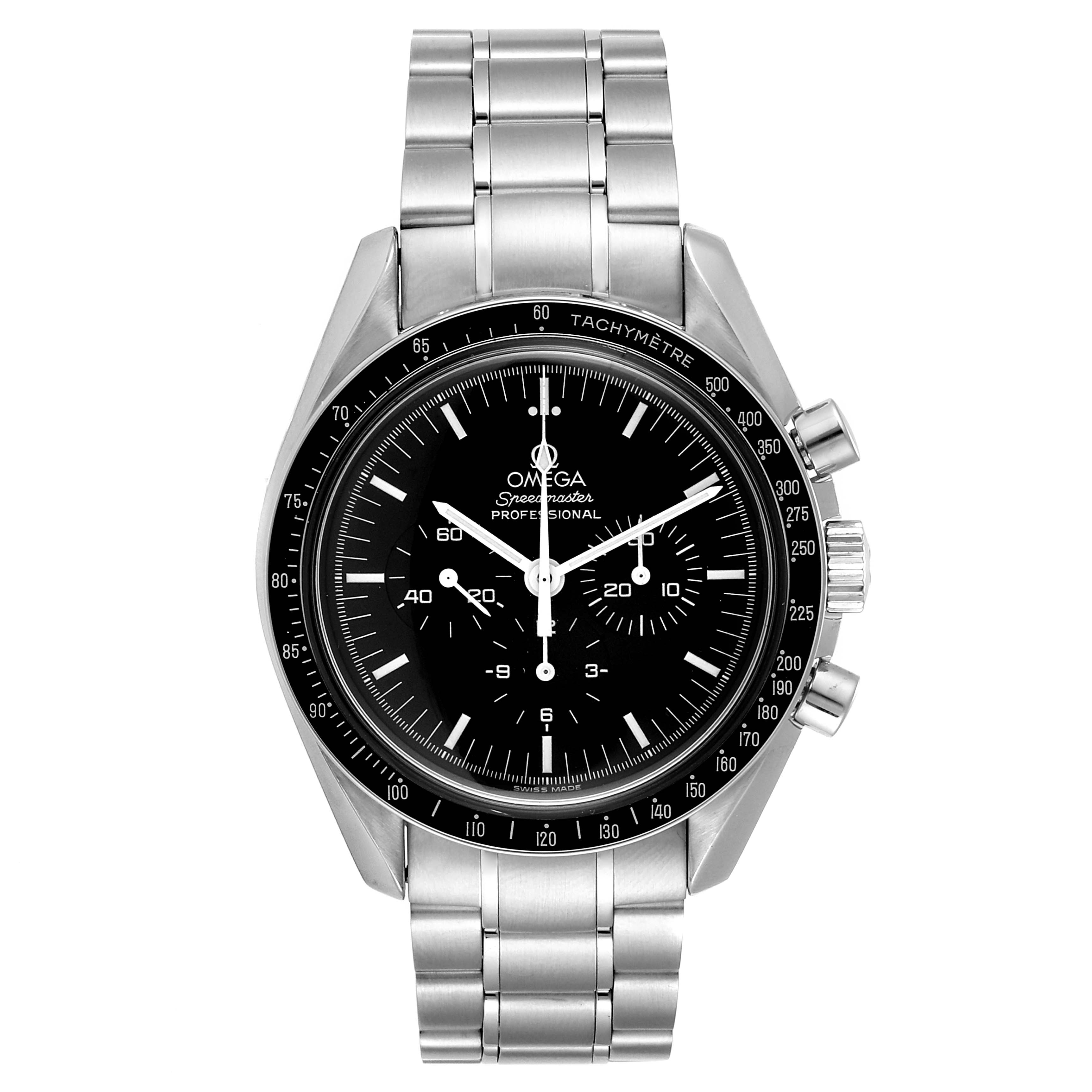 This is a front view of an Omega Speedmaster 3570.50.00 Men
s Stainless Steel Black Dial 3570.50.00 Men
s Stainless Steel Black Dial watch, showing the face, bezel, crown, pushers, and stainless steel bracelet.