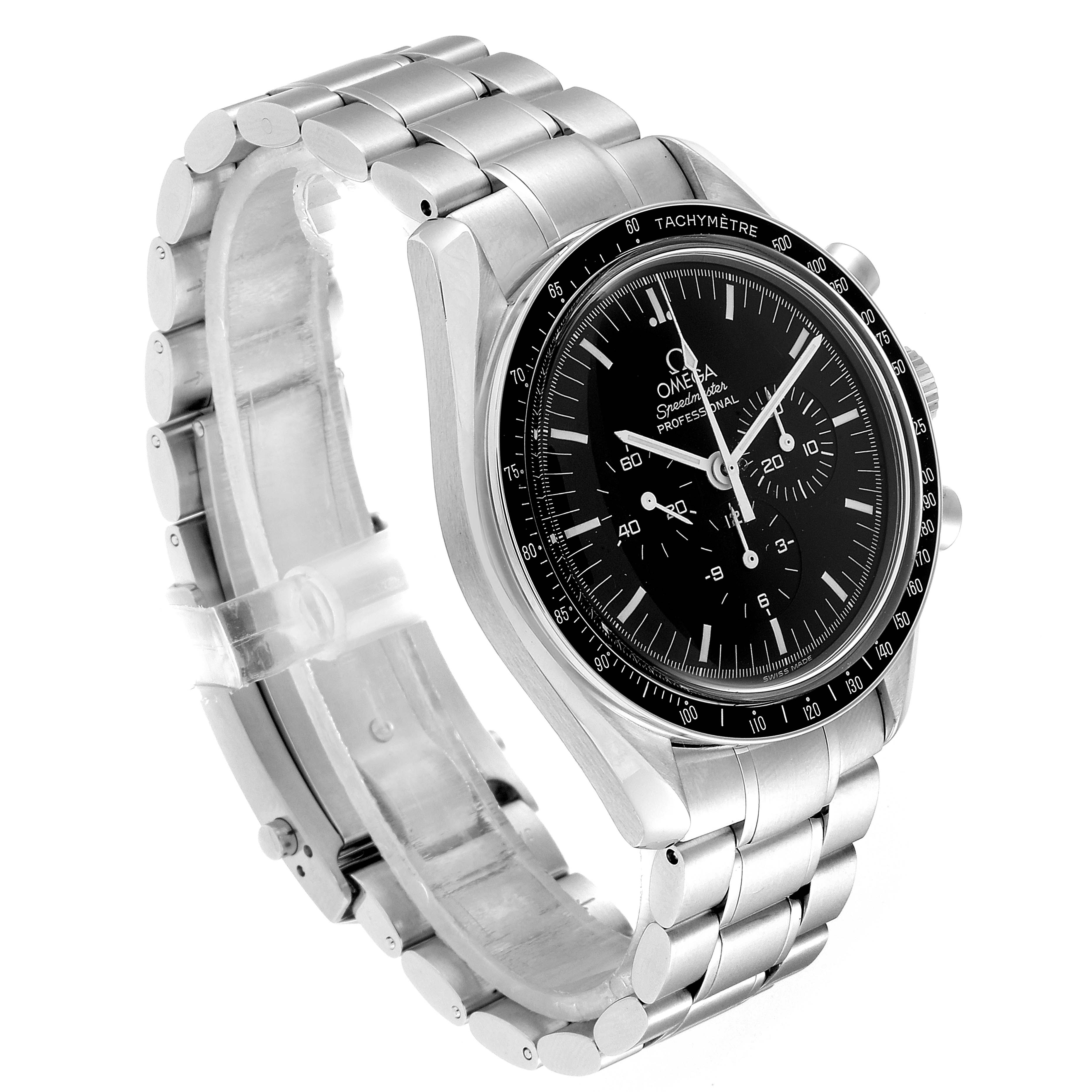 The image shows an Omega Speedmaster 3570.50.00 Men
s Stainless Steel Black Dial 3570.50.00 Men
s Stainless Steel Black Dial watch with a metal bracelet, viewed at an angle highlighting the bezel, dial, and band.