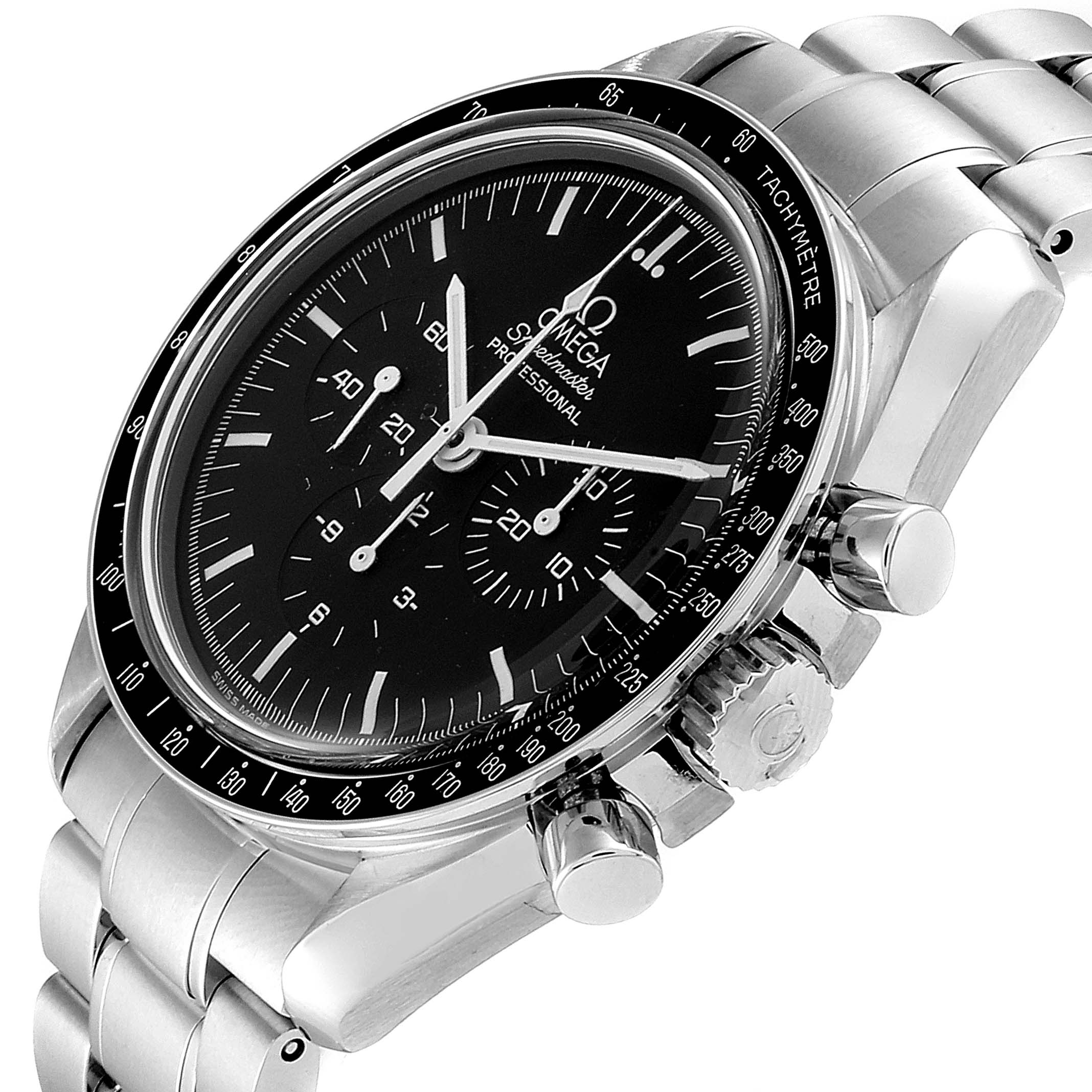 This image shows an Omega Speedmaster 3570.50.00 Men
s Stainless Steel Black Dial 3570.50.00 Men
s Stainless Steel Black Dial watch from a slightly tilted front angle, highlighting the dial, bezel, crown, and chronograph pushers.
