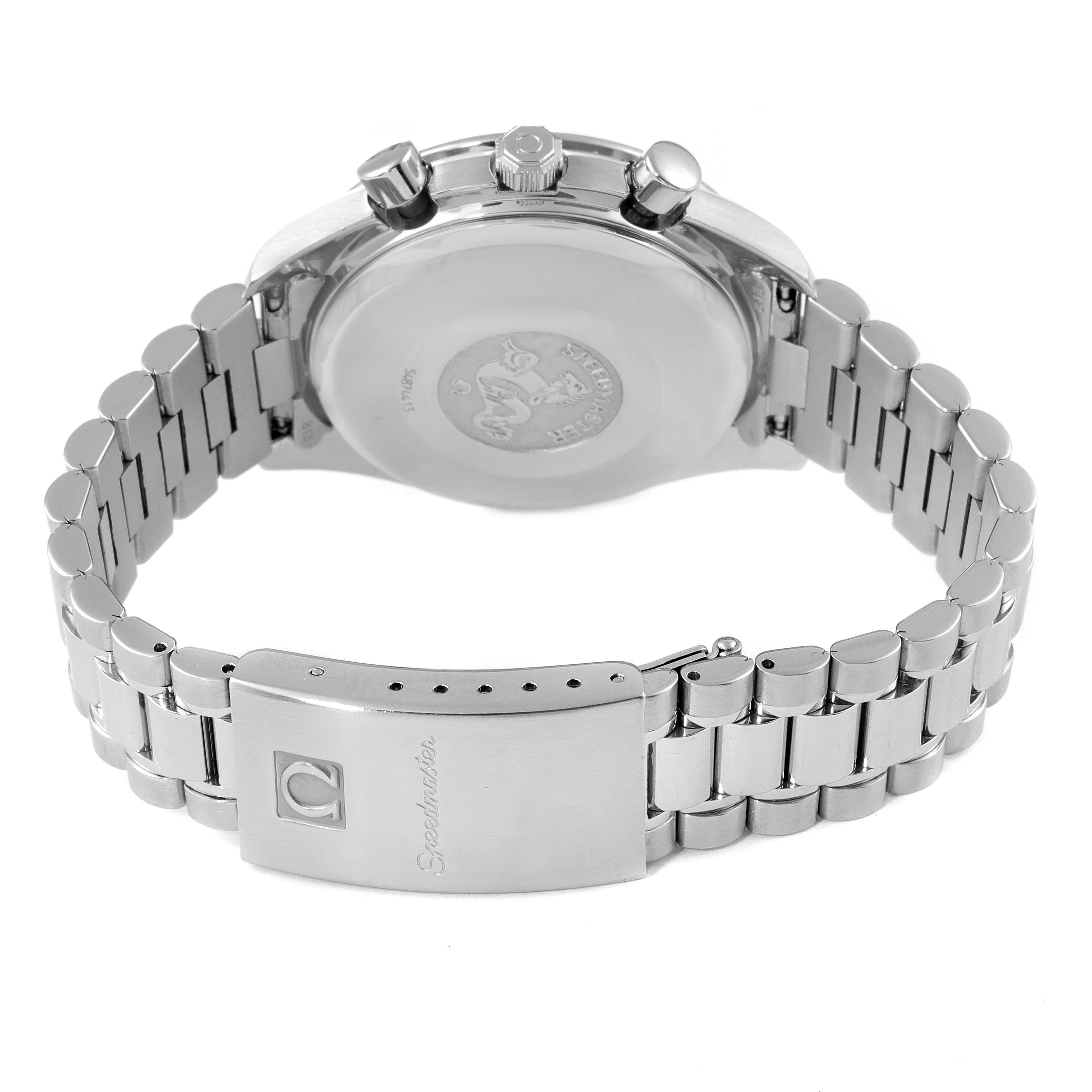 This image shows the back case and metal bracelet of an Omega Speedmaster 3511.80.00 Men's Stainless Steel Blue Dial 3511.80.00 Men's Stainless Steel Blue Dial watch from a rear angle.