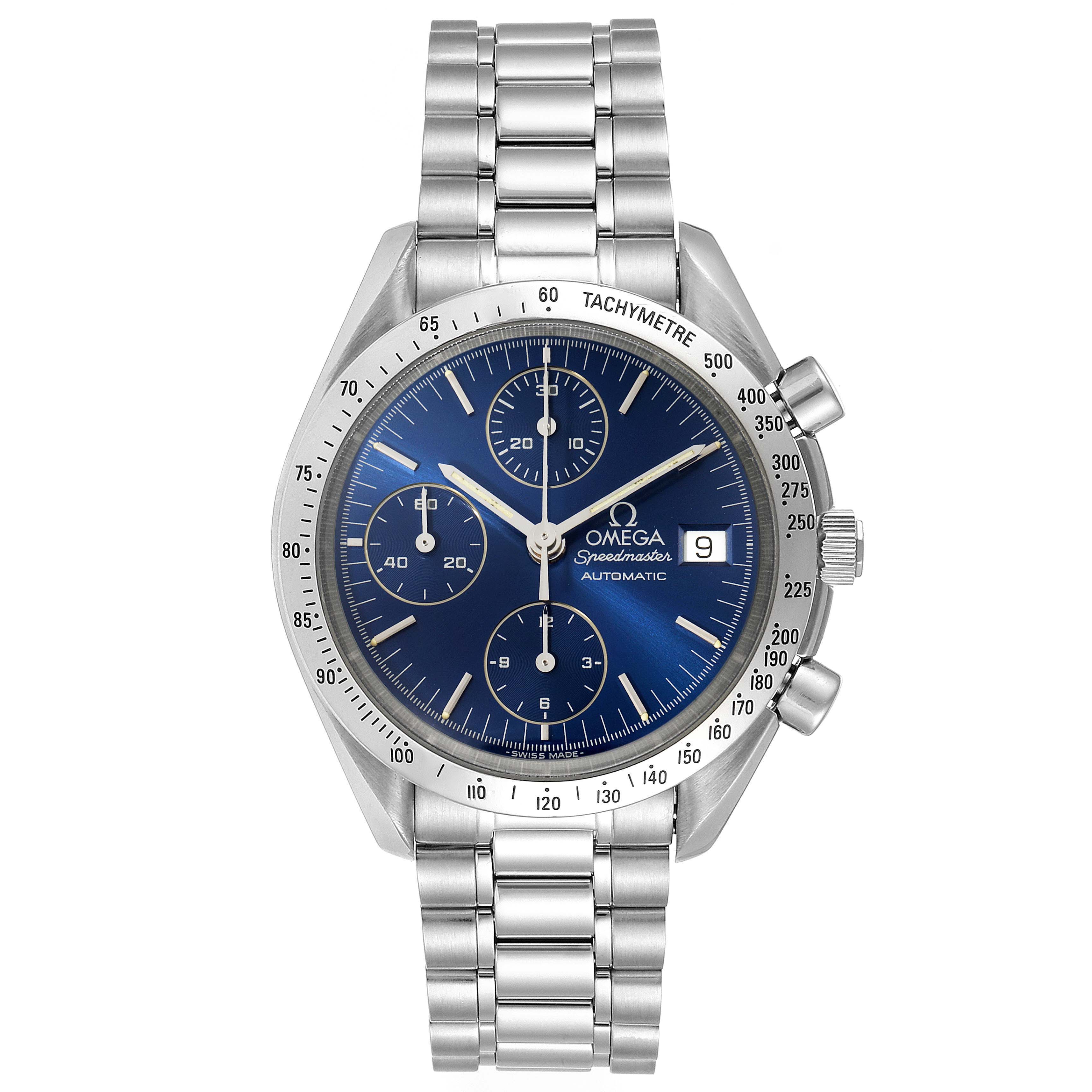 The Omega Speedmaster 3511.80.00 Men's Stainless Steel Blue Dial 3511.80.00 Men's Stainless Steel Blue Dial watch is shown from the front, displaying its face, bracelet, and side buttons.
