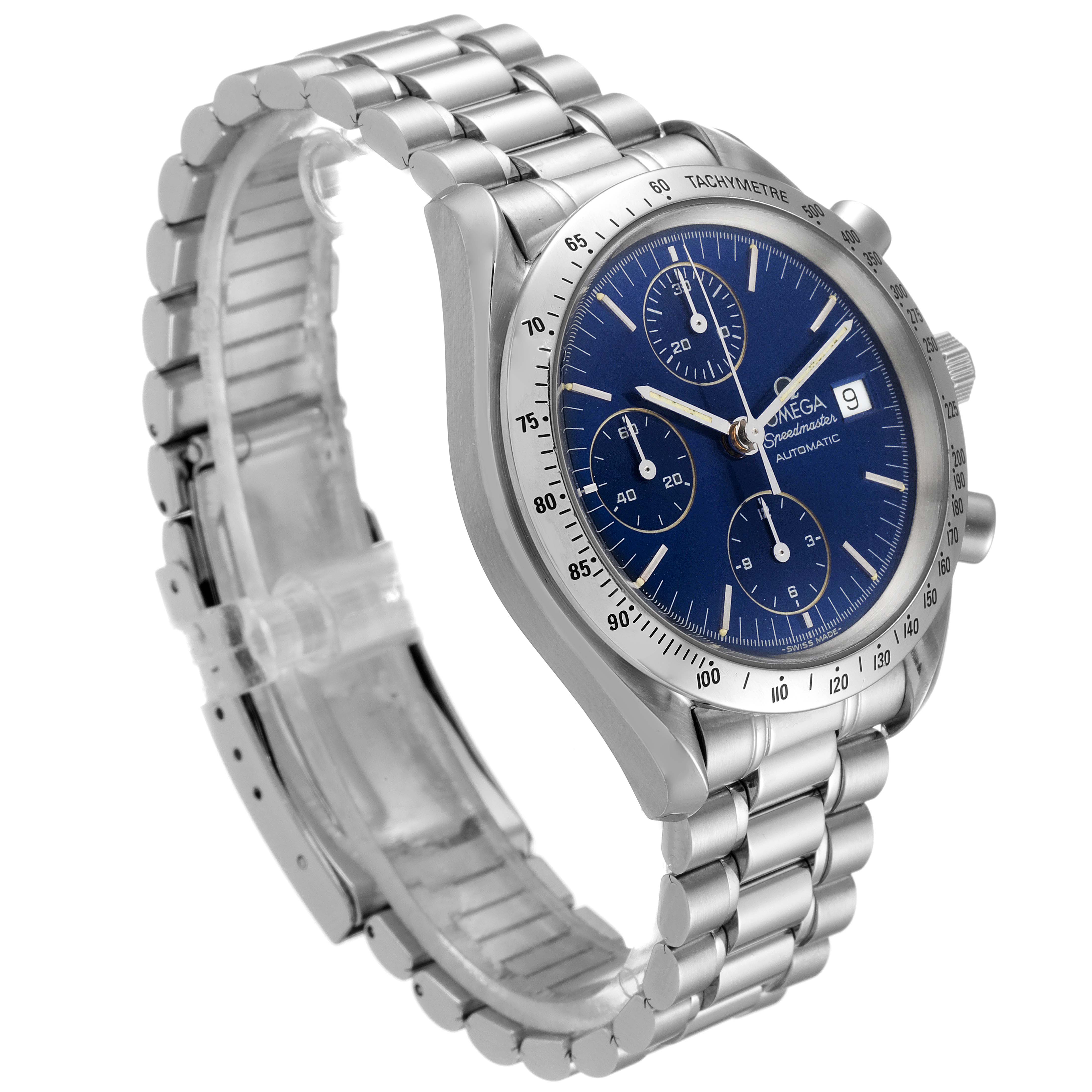 The image shows a side angle of an Omega Speedmaster 3511.80.00 Men's Stainless Steel Blue Dial 3511.80.00 Men's Stainless Steel Blue Dial watch, highlighting its blue dial, stainless steel bracelet, and tachymeter bezel.