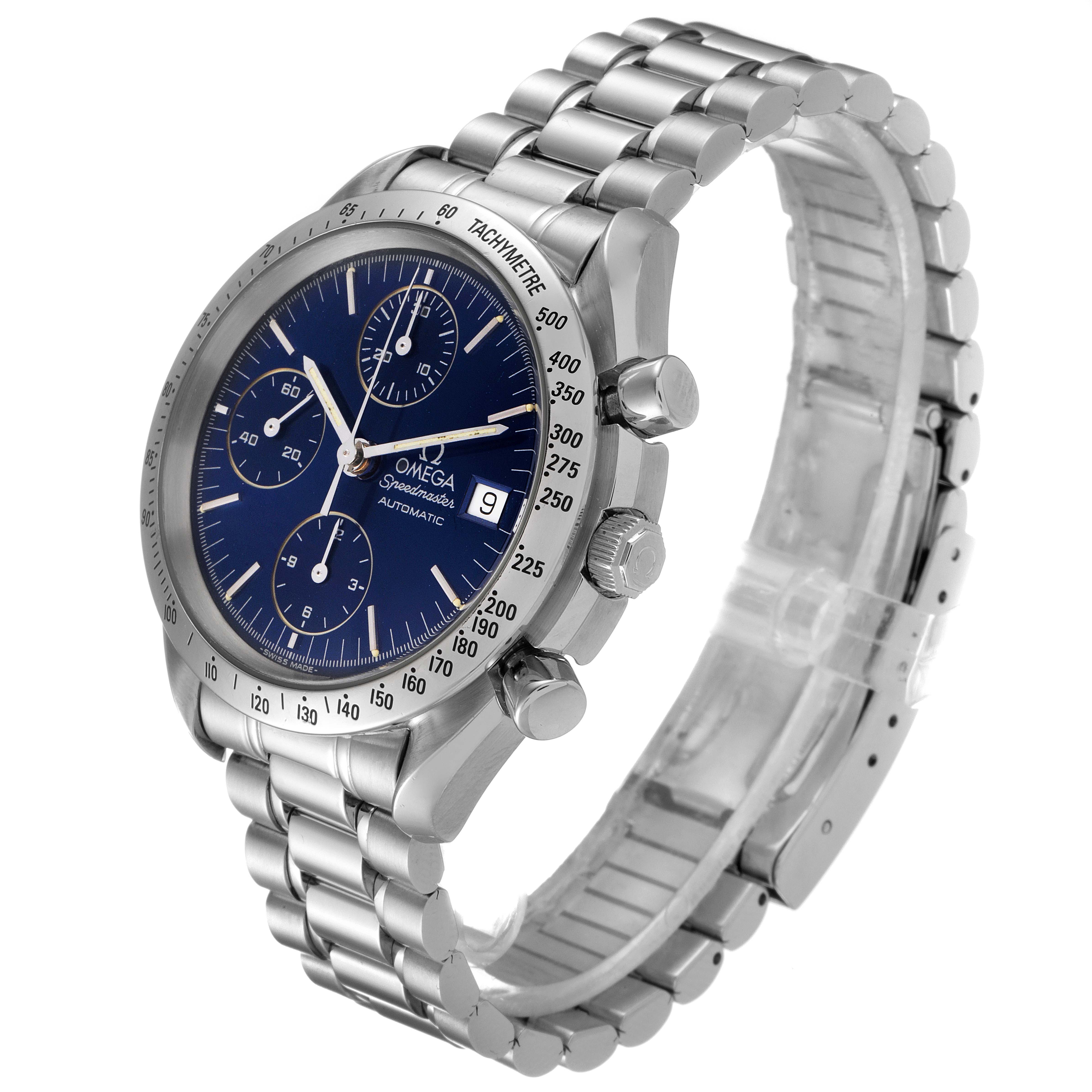 The Omega Speedmaster 3511.80.00 Men's Stainless Steel Blue Dial 3511.80.00 Men's Stainless Steel Blue Dial watch is shown at an angled side view, displaying the face, crown, pushers, and metal bracelet.