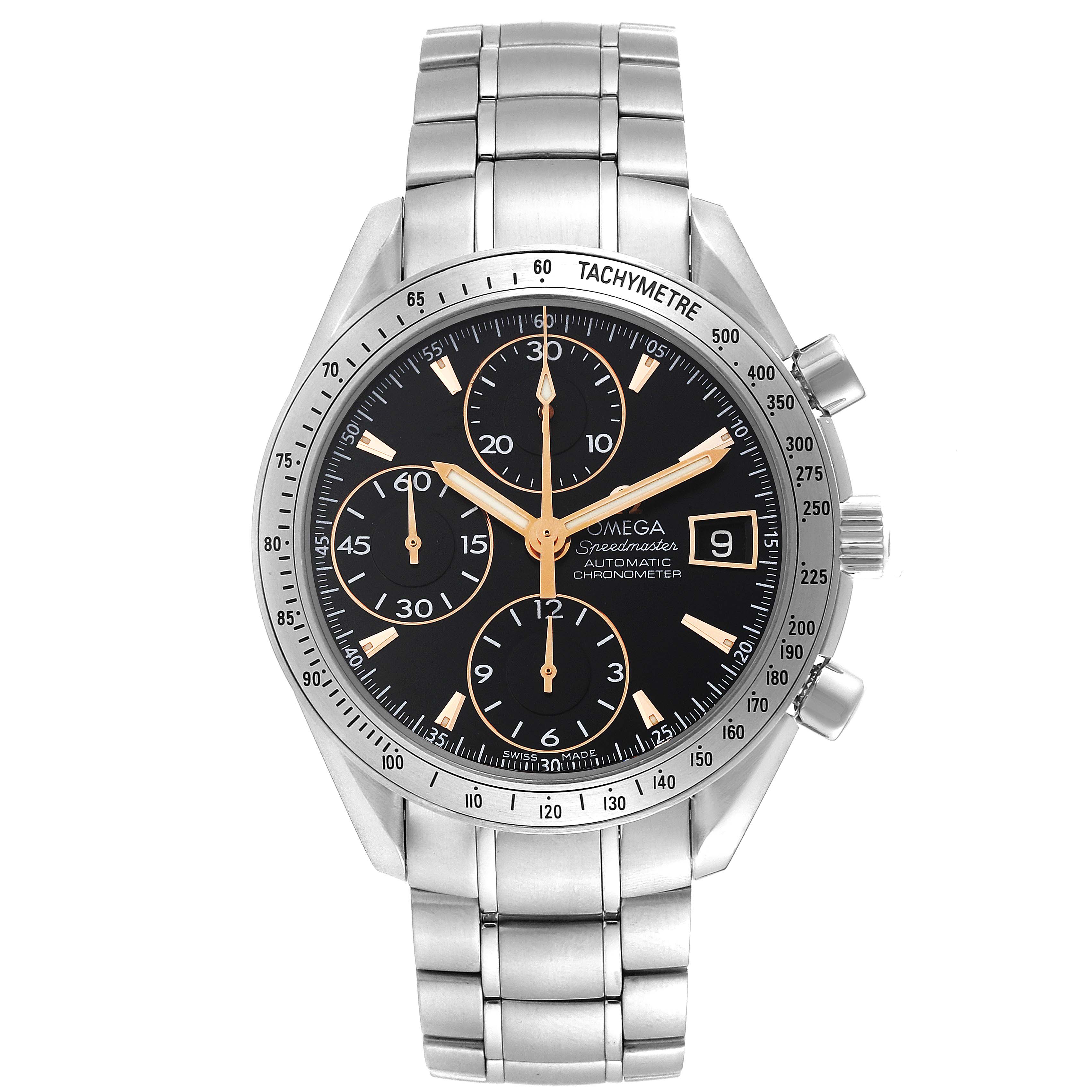 The image shows a front view of an Omega Speedmaster 3511.50.00 Men
s Stainless Steel Black Dial 3511.50.00 Men
s Stainless Steel Black Dial watch, displaying its dial, bezel, and stainless steel bracelet.