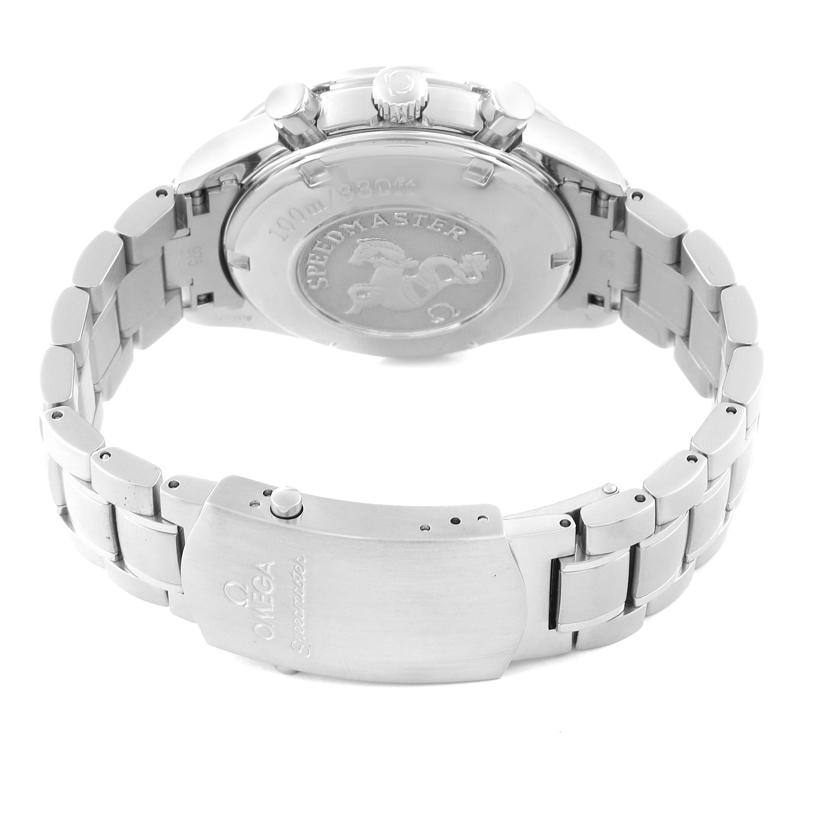 The image shows the back case and metal bracelet of an Omega Speedmaster 3511.50.00 Men
s Stainless Steel Black Dial 3511.50.00 Men
s Stainless Steel Black Dial watch at an angled rear view.