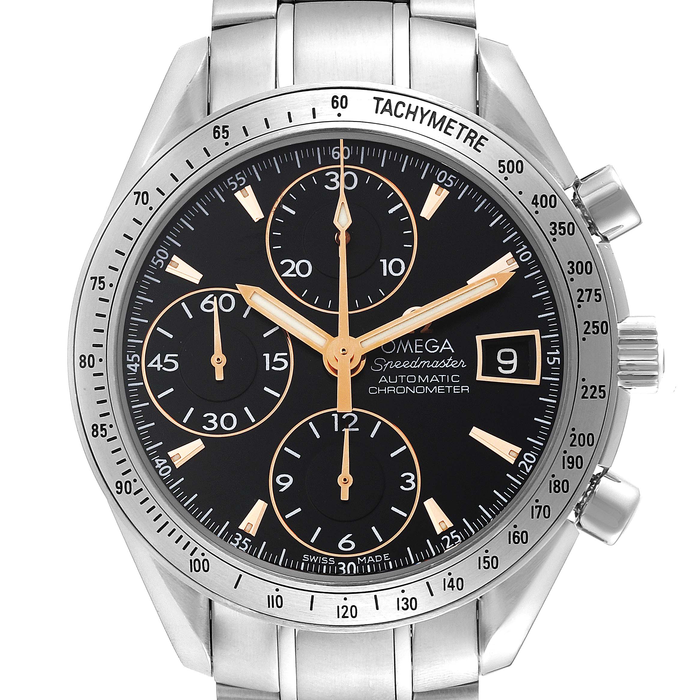 The image shows a front view of an Omega Speedmaster 3511.50.00 Men
s Stainless Steel Black Dial 3511.50.00 Men
s Stainless Steel Black Dial watch, highlighting the dial, tachymeter bezel, and metal bracelet.