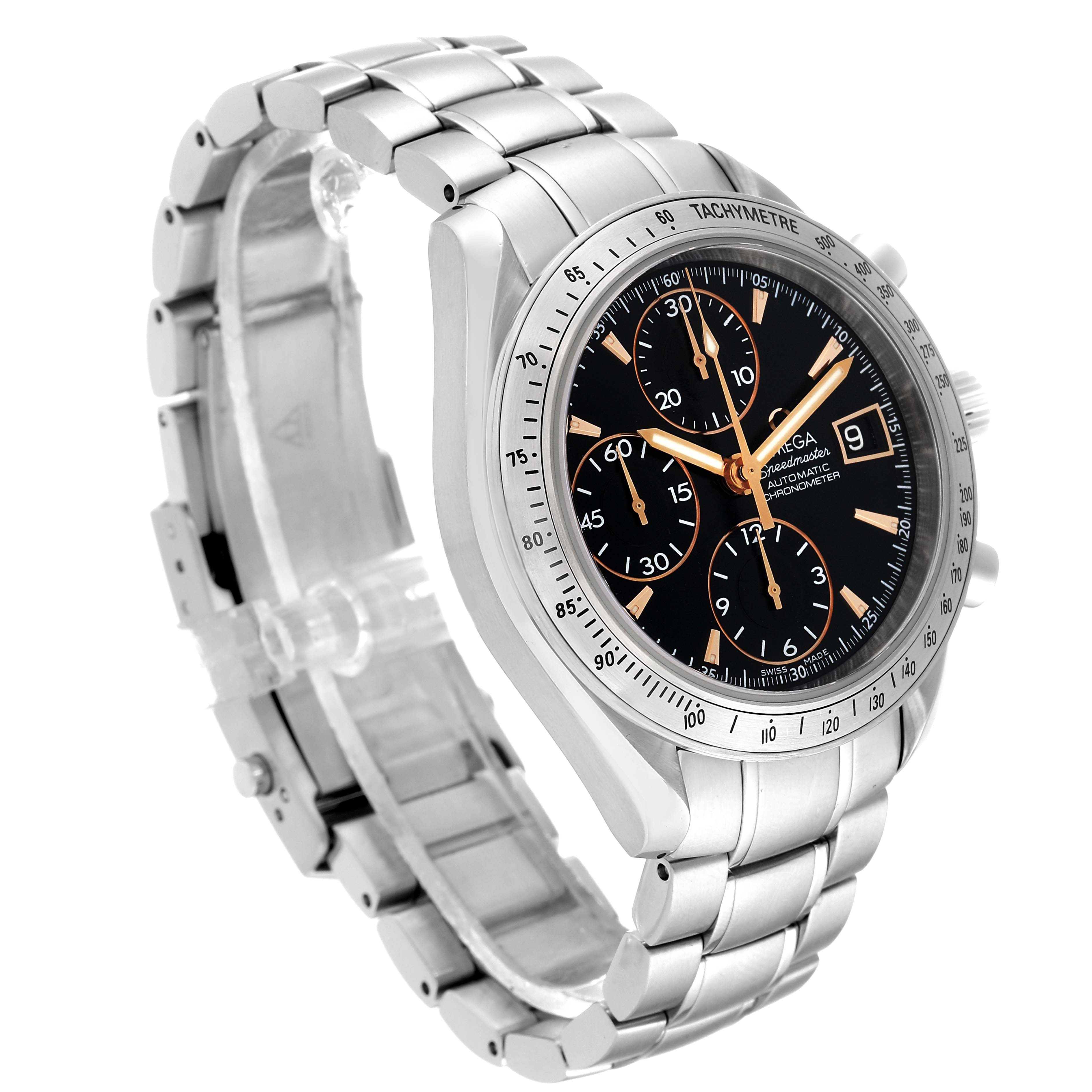 The Omega Speedmaster 3511.50.00 Men
s Stainless Steel Black Dial 3511.50.00 Men
s Stainless Steel Black Dial watch is shown from a three-quarter angle, highlighting the face, bezel, and stainless steel bracelet.