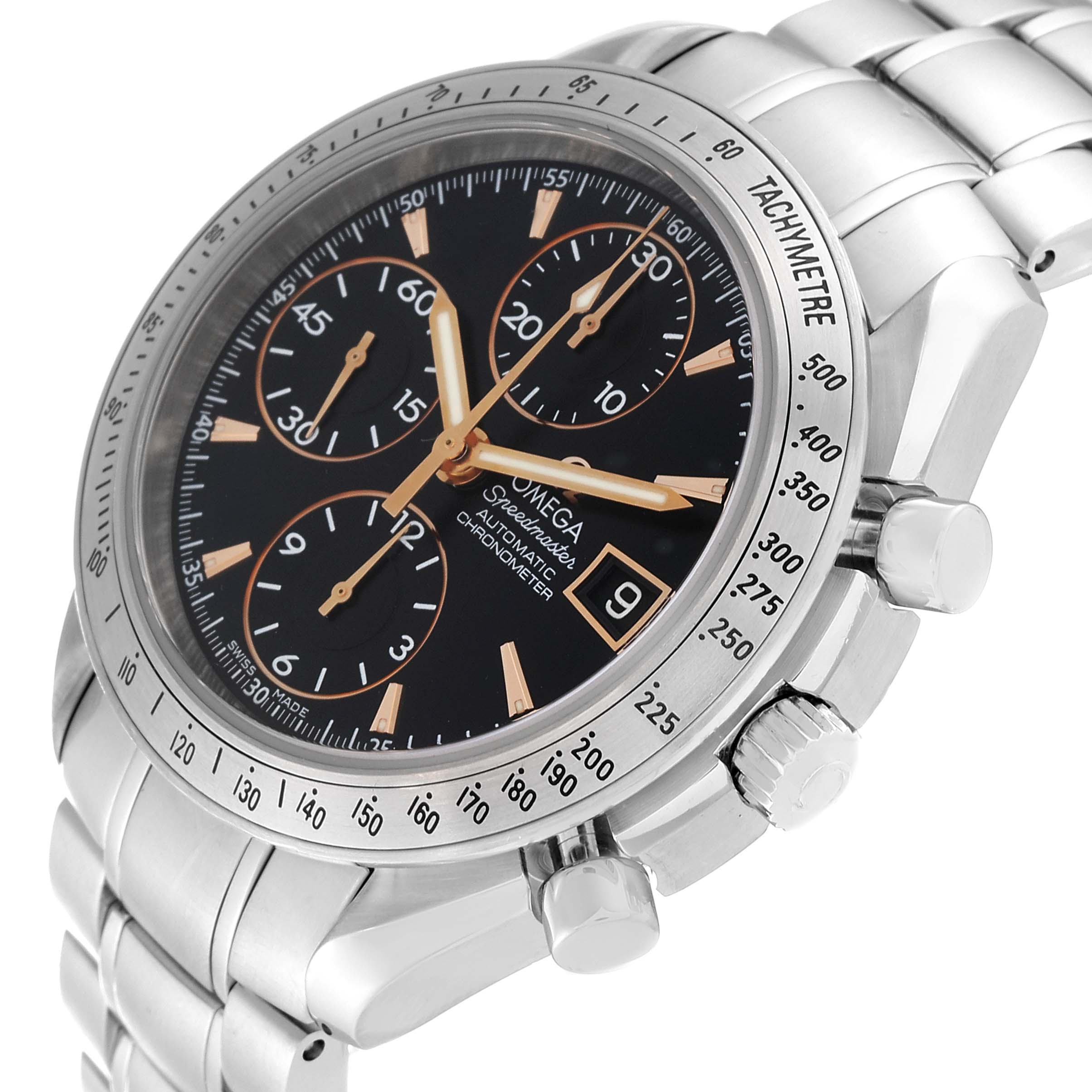 The image shows the Omega Speedmaster 3511.50.00 Men
s Stainless Steel Black Dial 3511.50.00 Men
s Stainless Steel Black Dial watch at a three-quarter angle, highlighting the dial, tachymeter bezel, and side crowns.