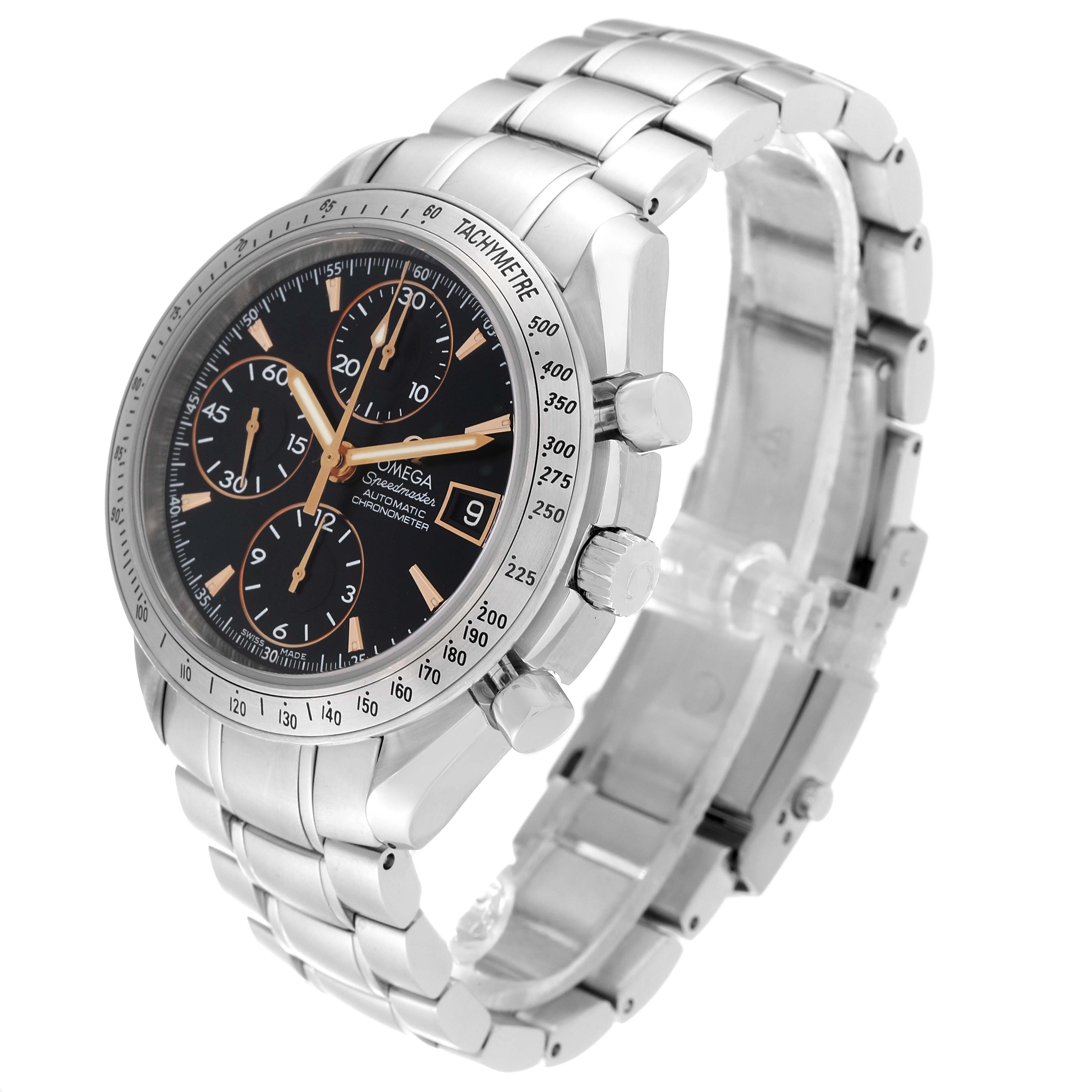 The Omega Speedmaster 3511.50.00 Men
s Stainless Steel Black Dial 3511.50.00 Men
s Stainless Steel Black Dial watch is shown at an angle showcasing the dial, bezel, crown, and bracelet.