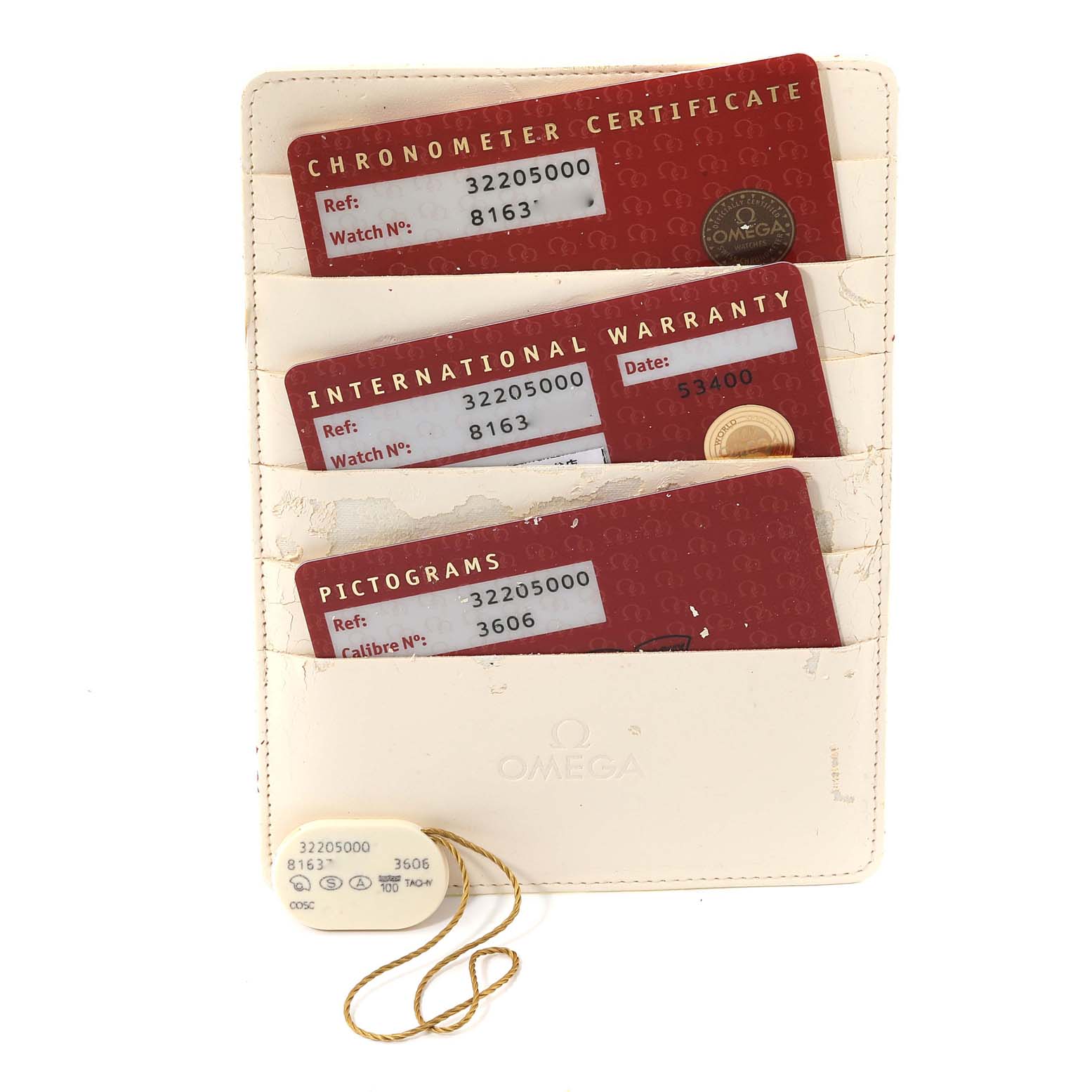 The Omega Speedmaster 3220.50.00 Men
s Stainless Steel Black Dial 3220.50.00 Men
s Stainless Steel Black Dial accessories shown include a Chronometer Certificate, International Warranty card, Pictograms card, and a tag.