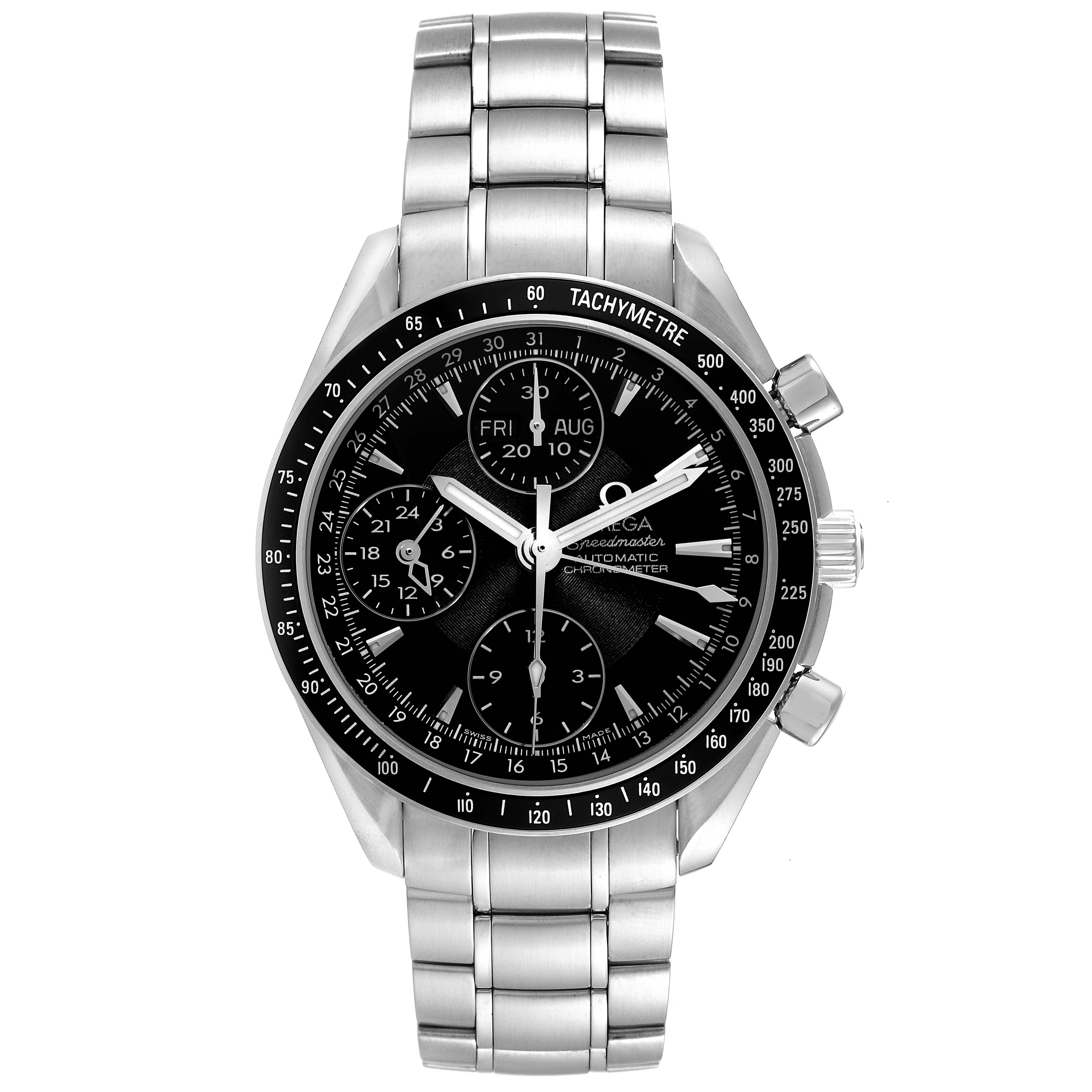 This is a front view of the Omega Speedmaster 3220.50.00 Men
s Stainless Steel Black Dial 3220.50.00 Men
s Stainless Steel Black Dial watch, showcasing its black dial, tachymeter bezel, and stainless steel bracelet.