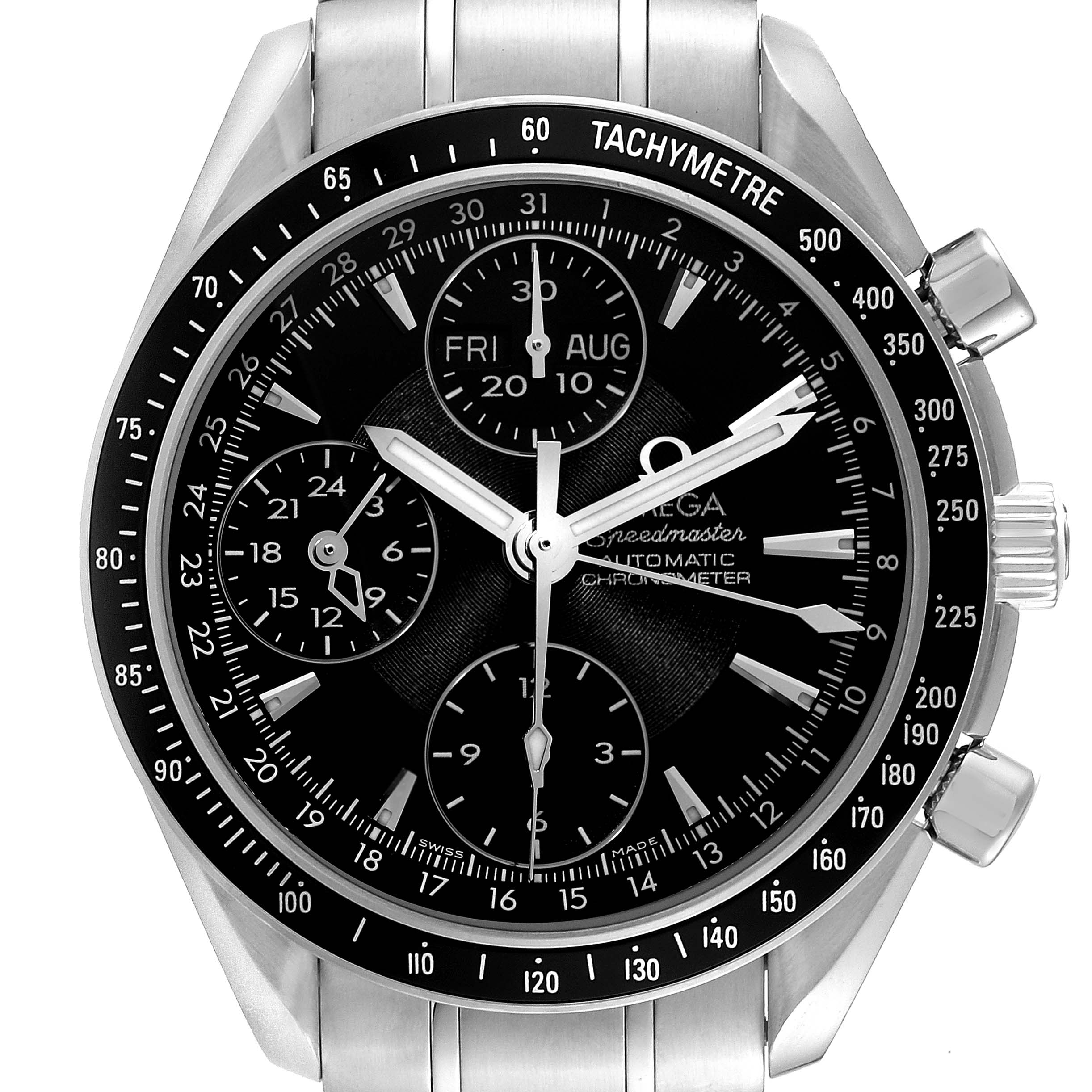 The image shows a frontal view of an Omega Speedmaster 3220.50.00 Men
s Stainless Steel Black Dial 3220.50.00 Men
s Stainless Steel Black Dial watch, displaying its dial, chronograph subdials, tachymeter, and date indicators.