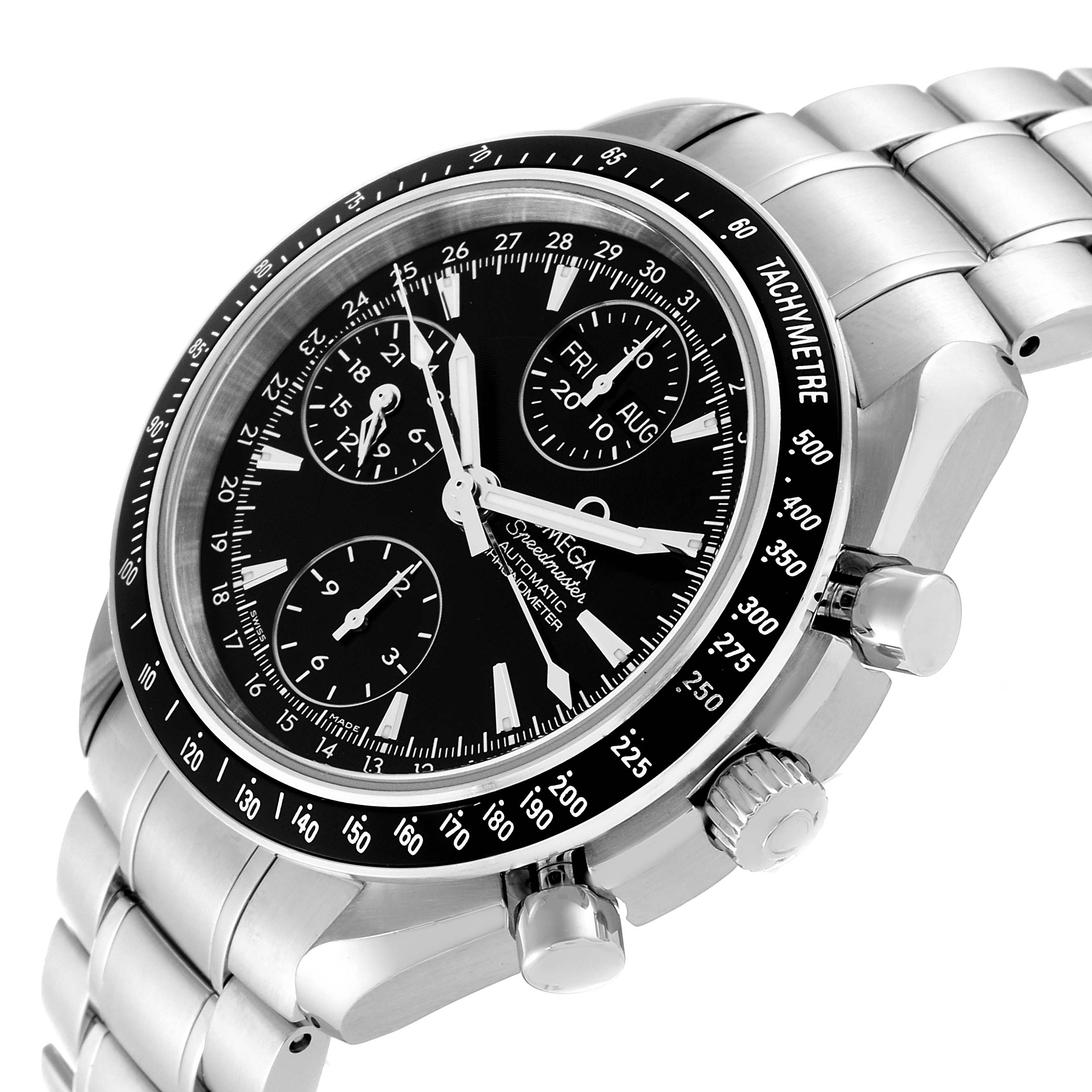 The Omega Speedmaster 3220.50.00 Men
s Stainless Steel Black Dial 3220.50.00 Men
s Stainless Steel Black Dial watch is shown from a three-quarter angle, highlighting the dial, bezel, crown, pushers, and bracelet.
