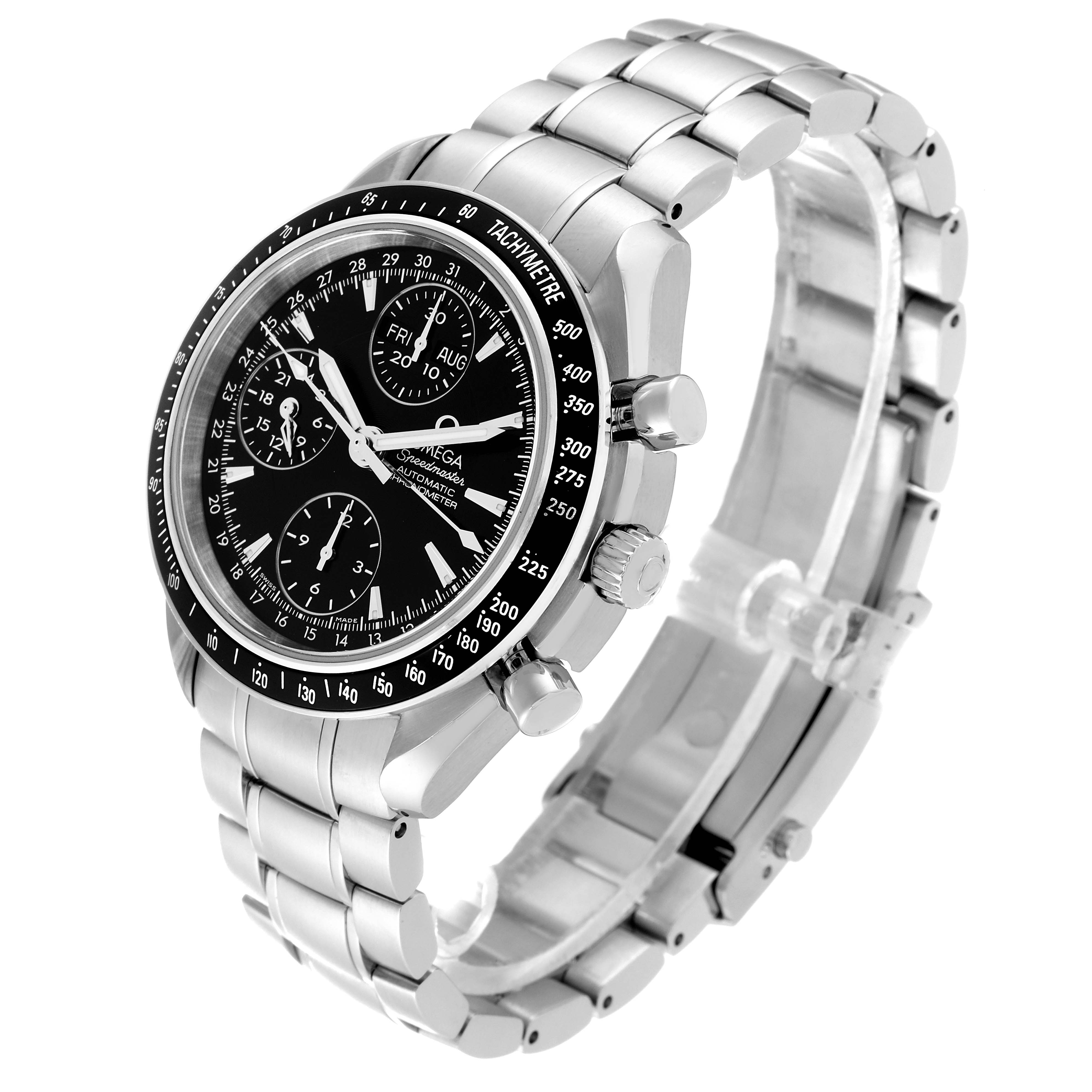 The Omega Speedmaster 3220.50.00 Men
s Stainless Steel Black Dial 3220.50.00 Men
s Stainless Steel Black Dial watch is shown at a three-quarter angle highlighting its face, tachymeter bezel, and metal bracelet.