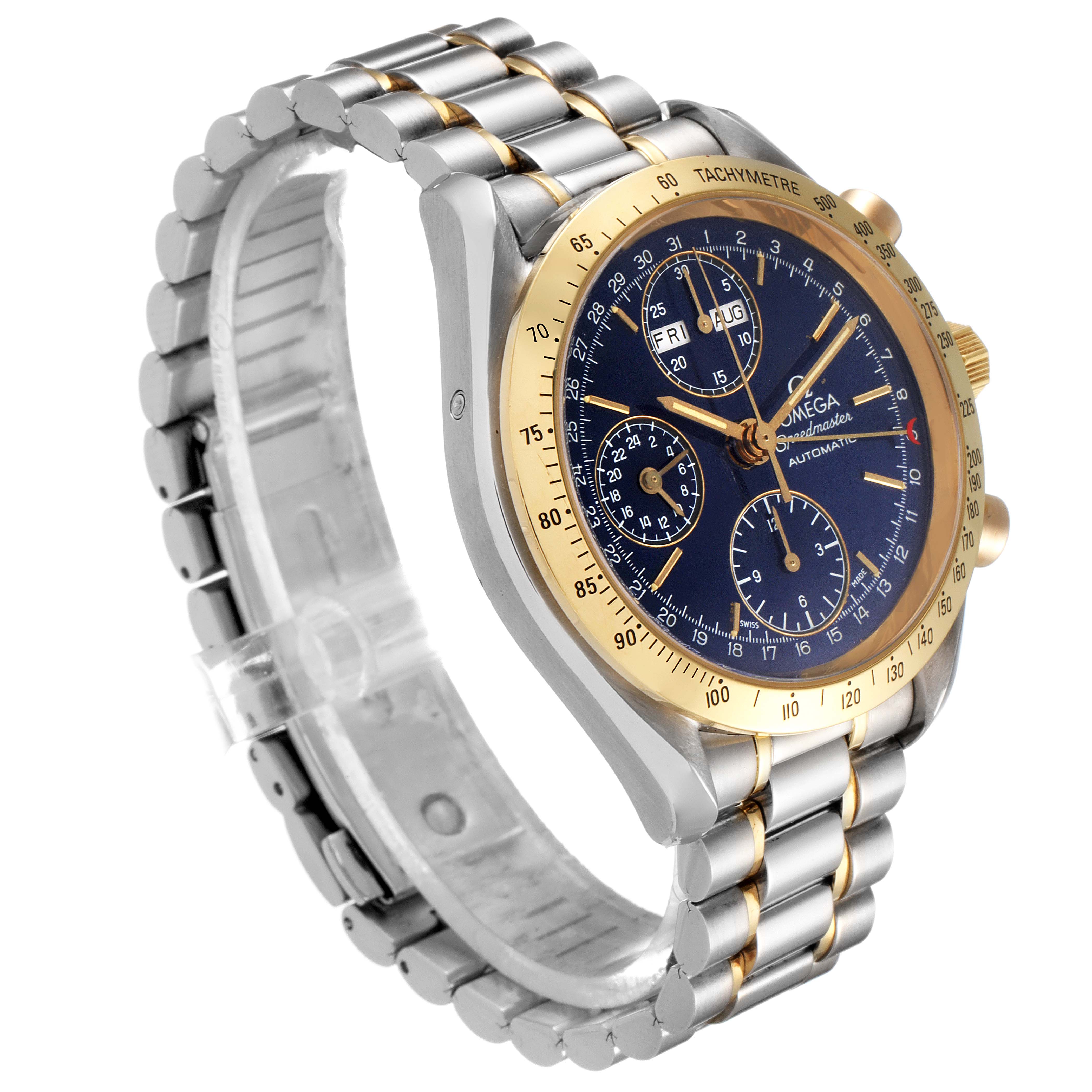The image shows an Omega Speedmaster 3321.80.00 Men's Steel and Gold (two tone) Blue Dial 3321.80.00 Men's Steel and Gold (two tone) Blue Dial watch at a three-quarter angle, highlighting the face, bezel, and metal bracelet.