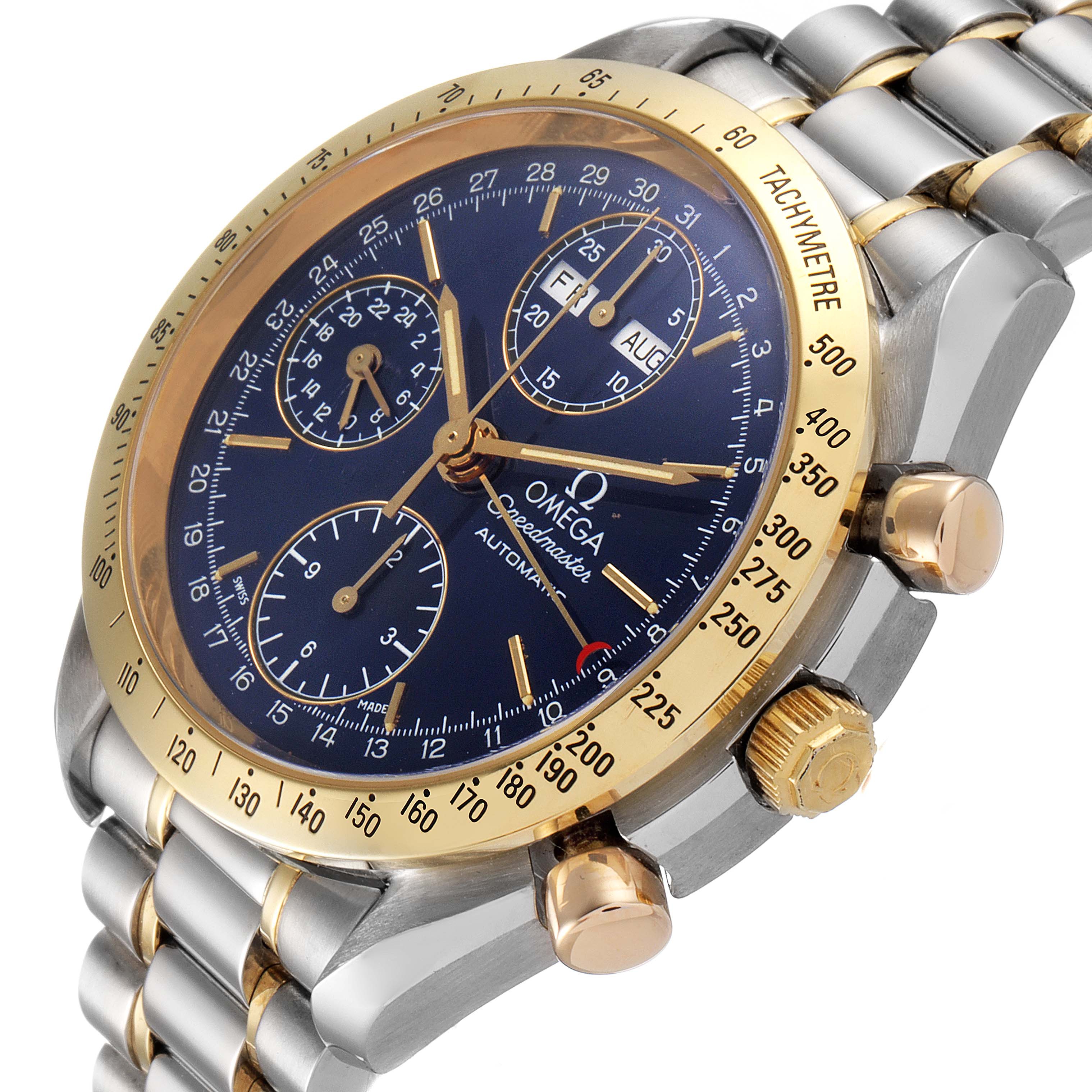 The Omega Speedmaster 3321.80.00 Men's Steel and Gold (two tone) Blue Dial 3321.80.00 Men's Steel and Gold (two tone) Blue Dial watch is shown at an angled close-up view, highlighting the face, bezel, and part of the bracelet.