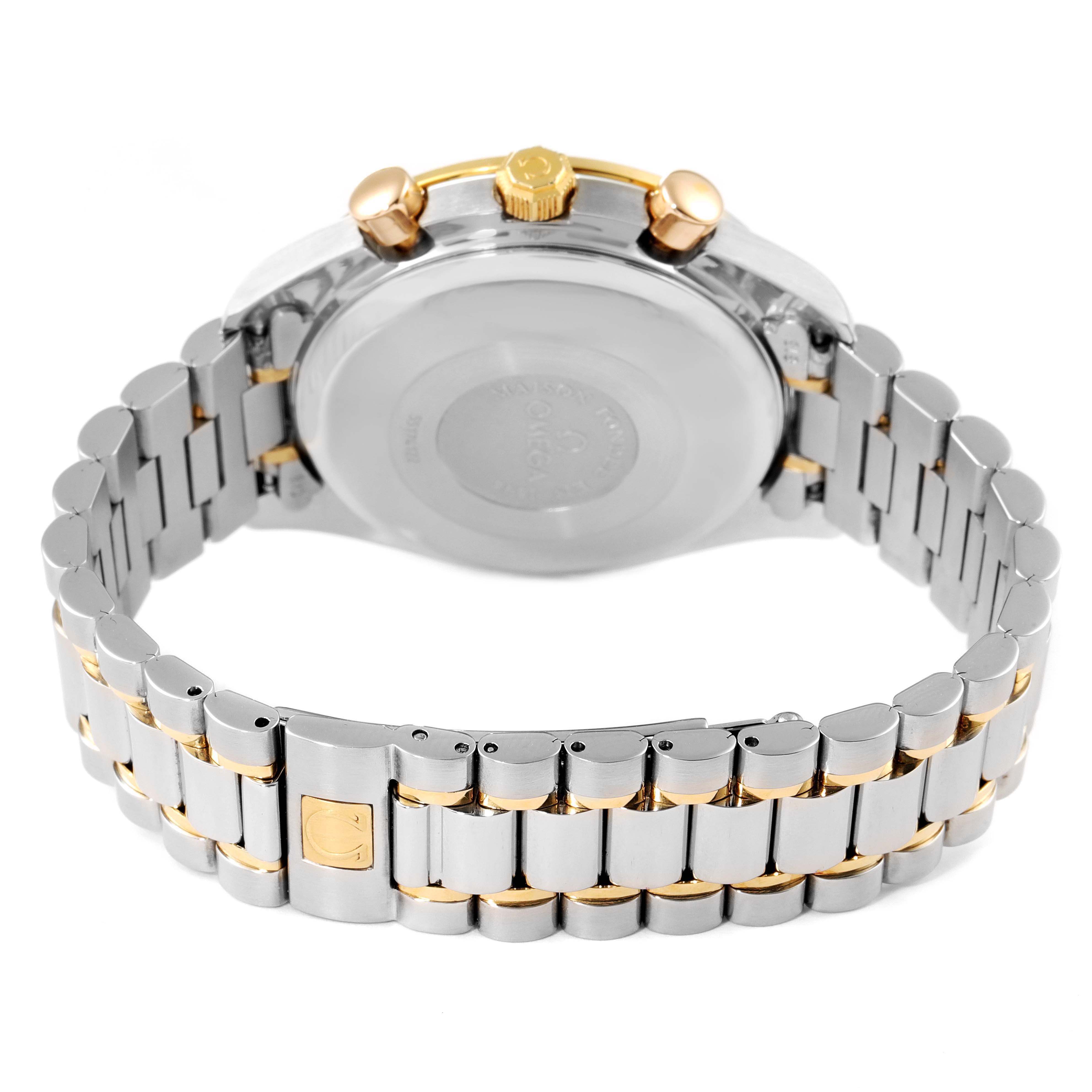 The image shows the back case, bracelet, and clasp of an Omega Speedmaster 3321.80.00 Men's Steel and Gold (two tone) Blue Dial 3321.80.00 Men's Steel and Gold (two tone) Blue Dial watch from a rear angle.