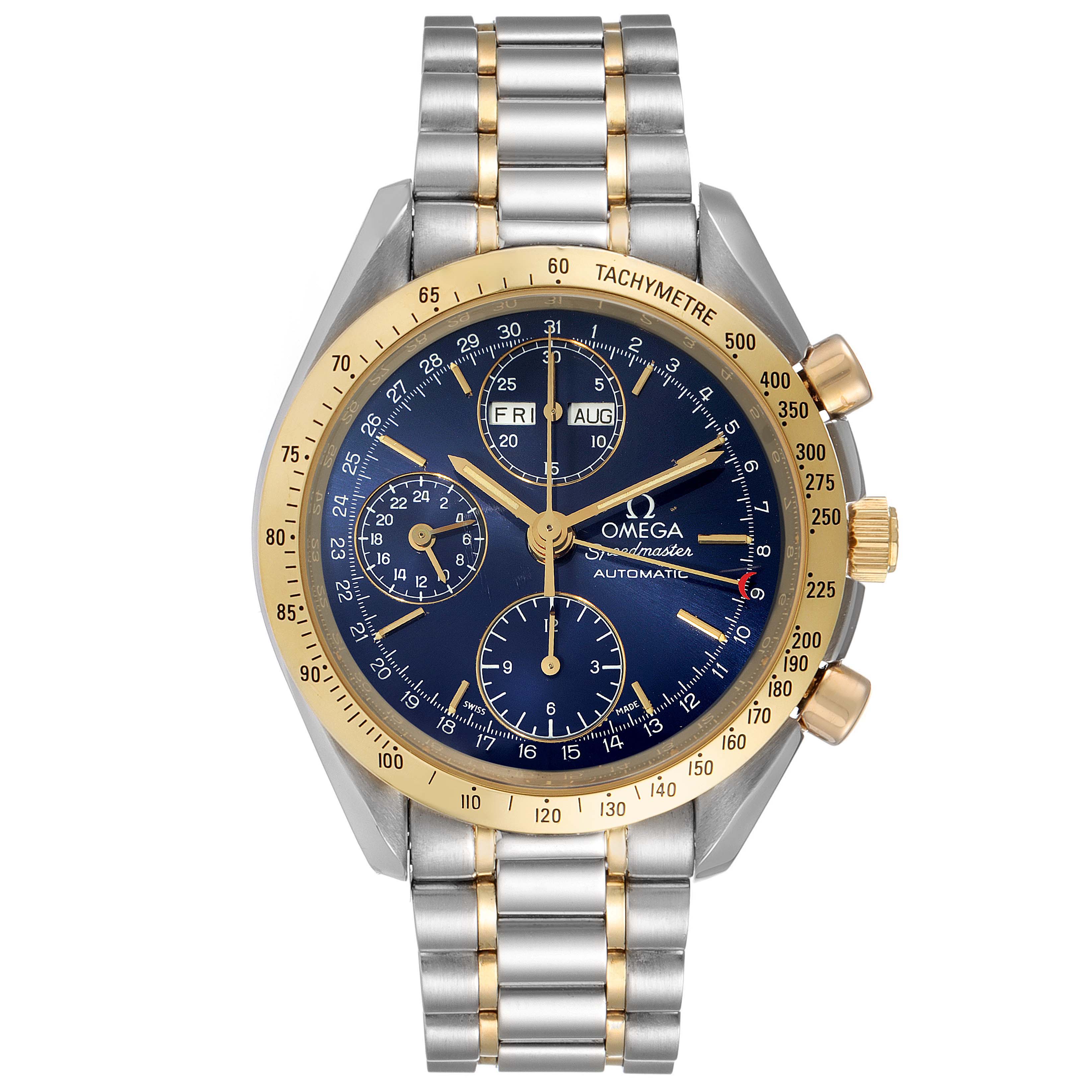 This image shows a front view of an Omega Speedmaster 3321.80.00 Men's Steel and Gold (two tone) Blue Dial 3321.80.00 Men's Steel and Gold (two tone) Blue Dial watch with a two-tone metal band and blue dial.