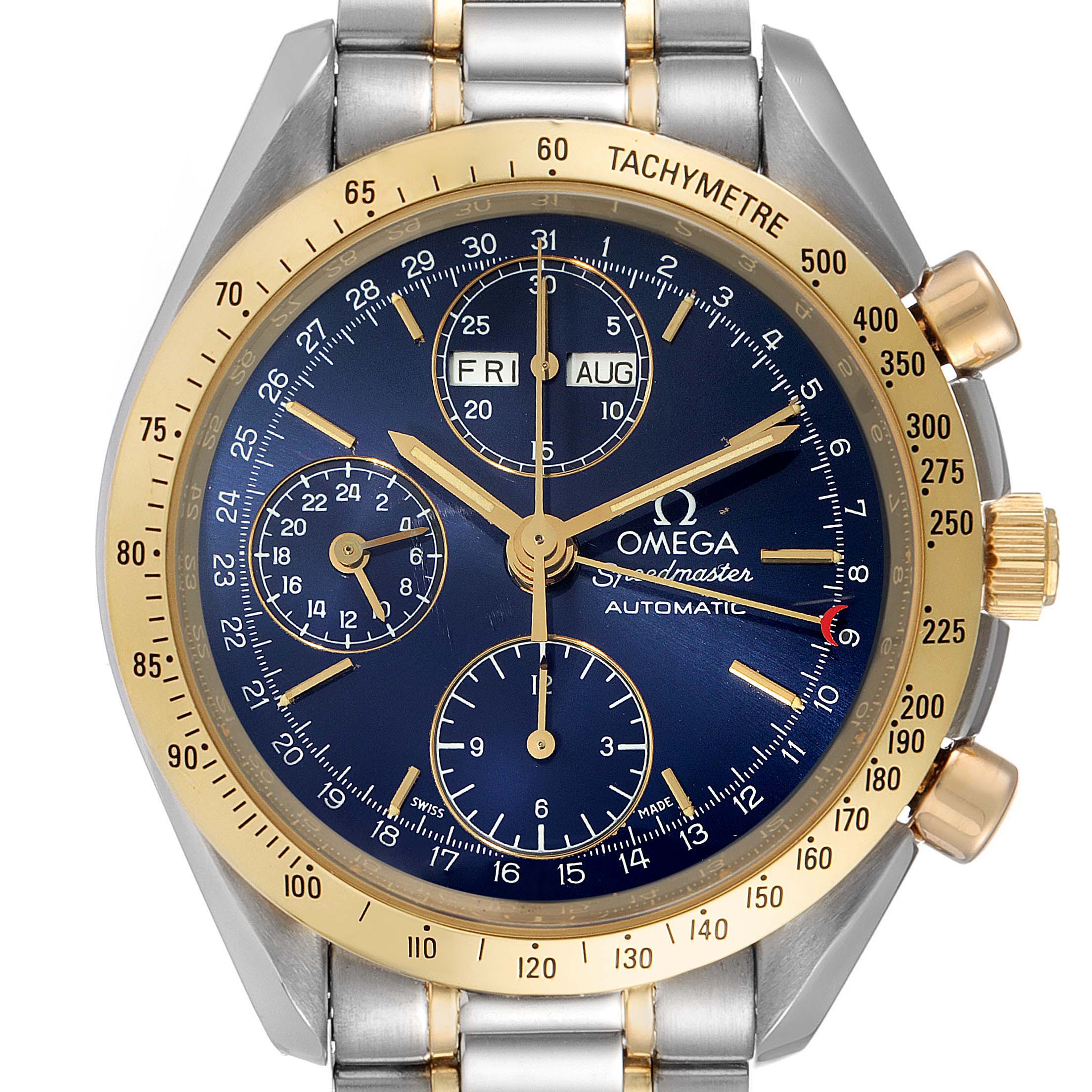 The image shows the front view of an Omega Speedmaster 3321.80.00 Men's Steel and Gold (two tone) Blue Dial 3321.80.00 Men's Steel and Gold (two tone) Blue Dial watch, highlighting its blue dial, gold bezel, and subdials.