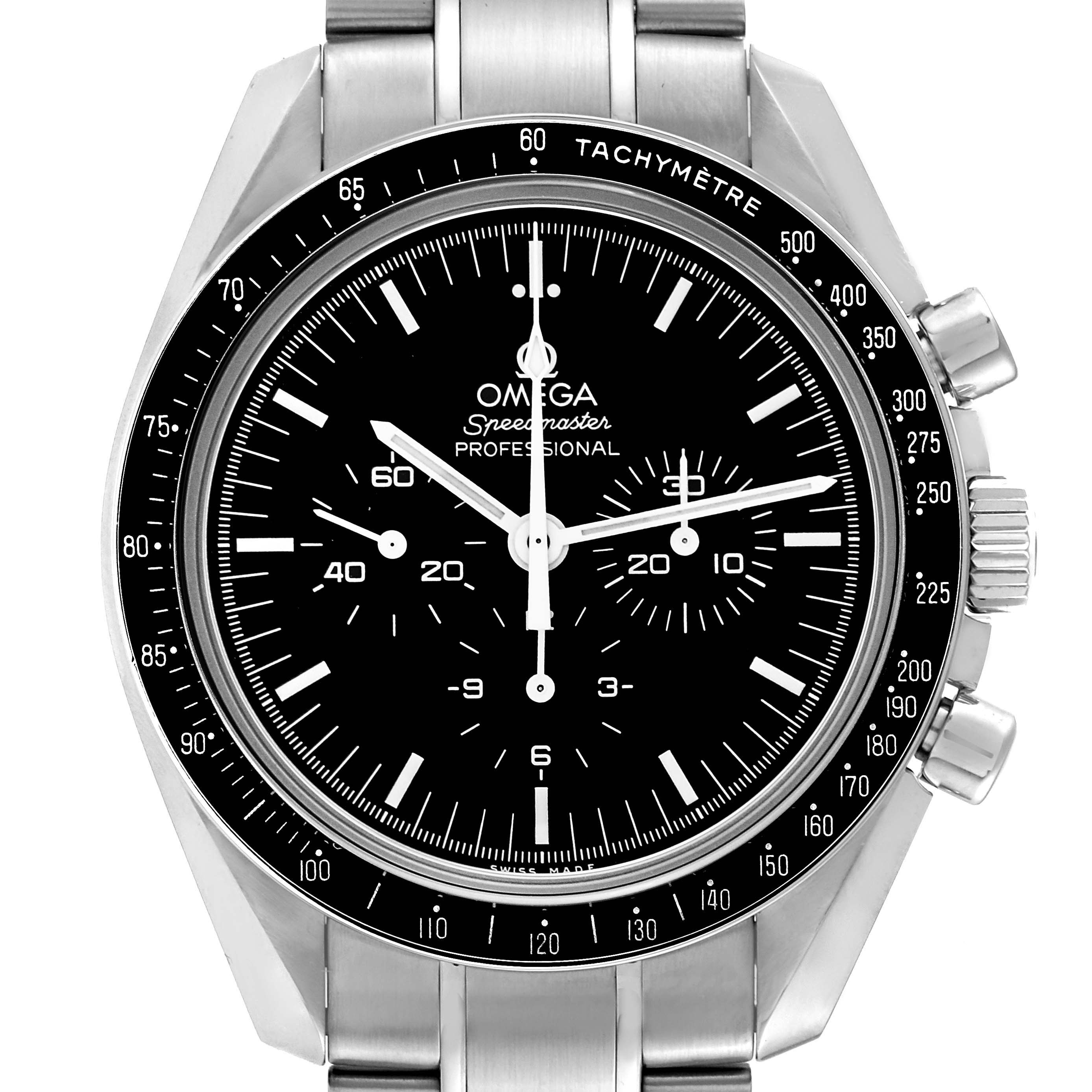 This image shows a front view of the Omega Speedmaster 59802 Men
s Stainless Steel Black Dial 59802 Men
s Stainless Steel Black Dial watch, displaying the dial, tachymeter bezel, and push buttons.
