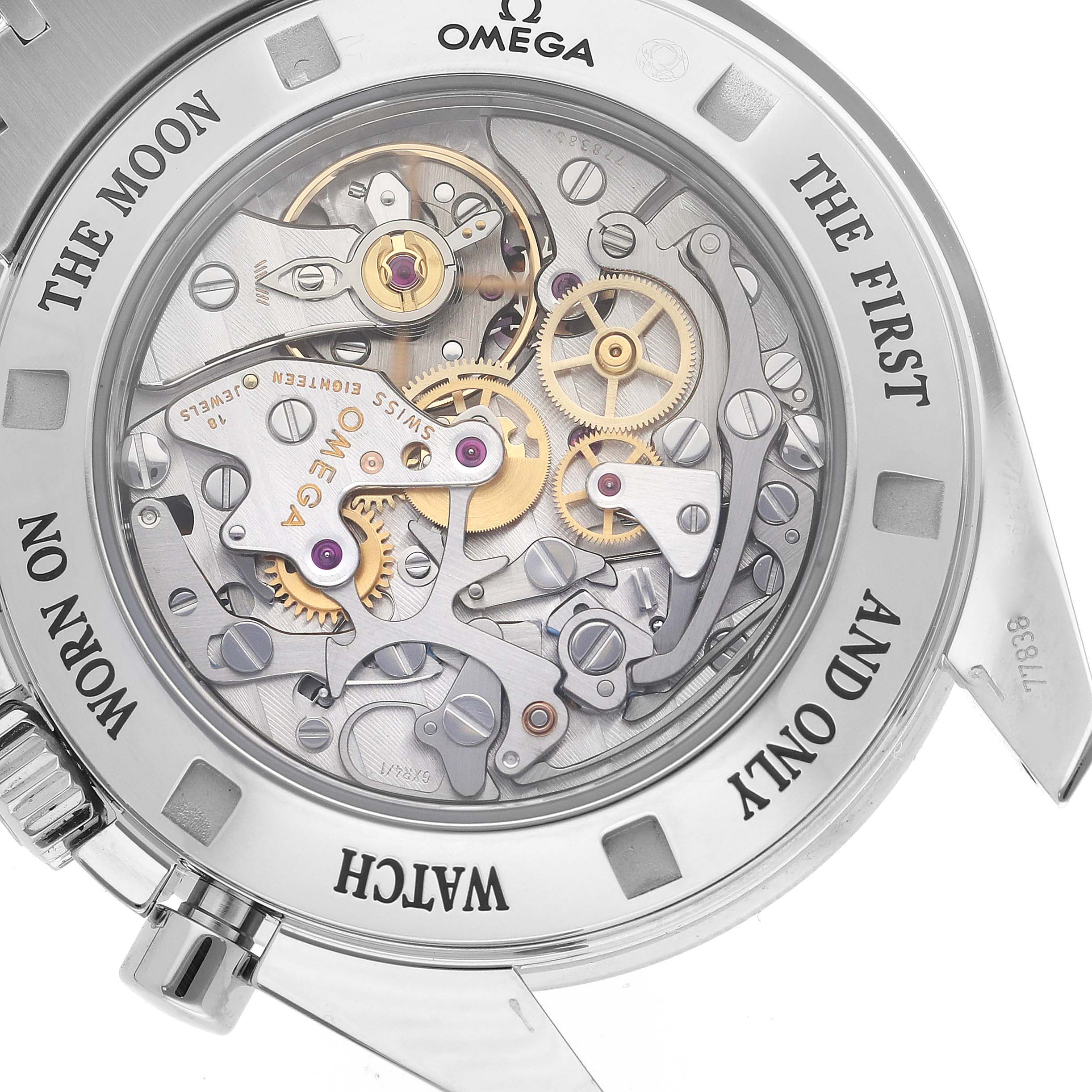 The image shows the detailed back view of the Omega Speedmaster 59802 Men
s Stainless Steel Black Dial 59802 Men
s Stainless Steel Black Dial, prominently displaying its mechanical movement.