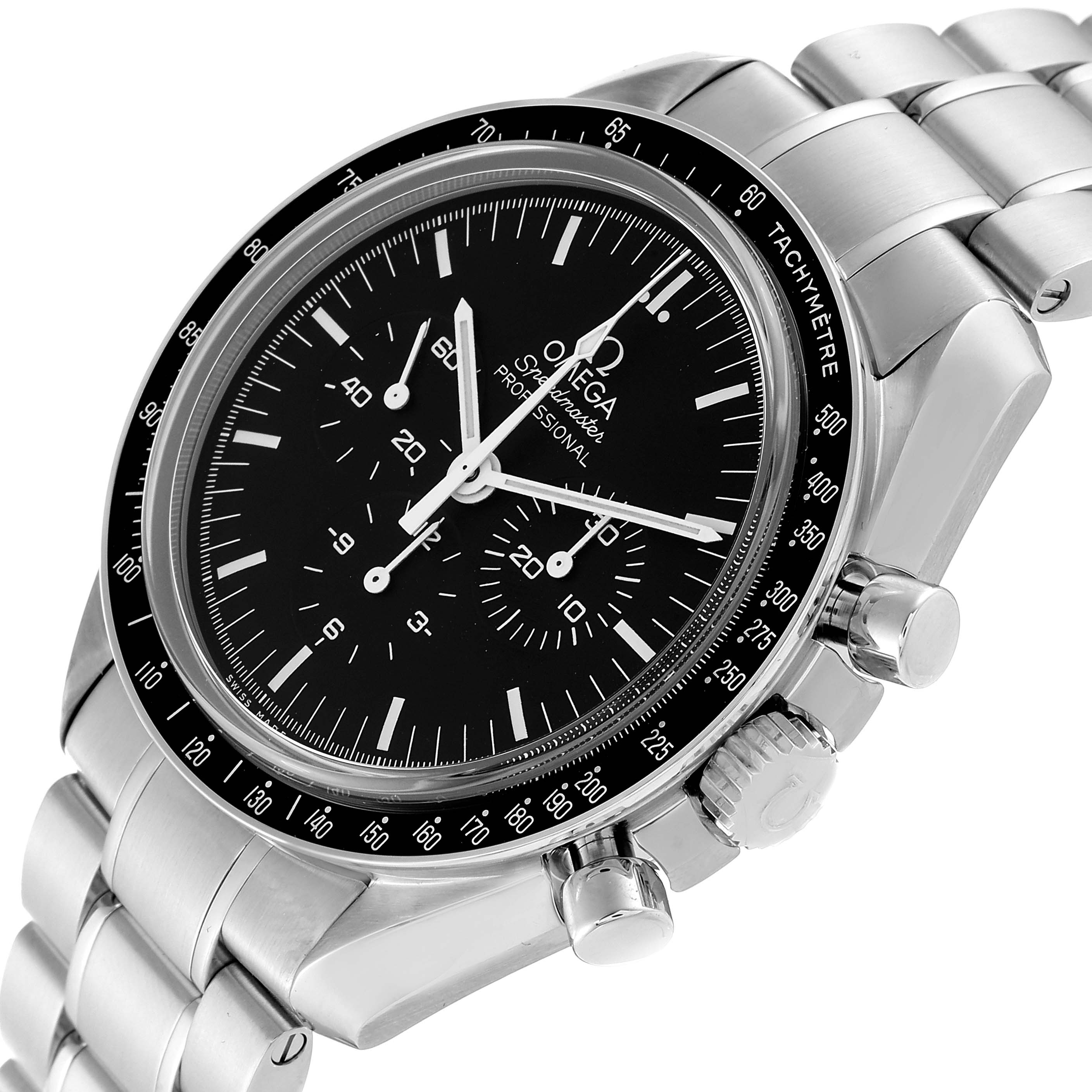 The image shows an angled view of an Omega Speedmaster 59802 Men
s Stainless Steel Black Dial 59802 Men
s Stainless Steel Black Dial watch, highlighting its dial, case, crown, and bracelet.