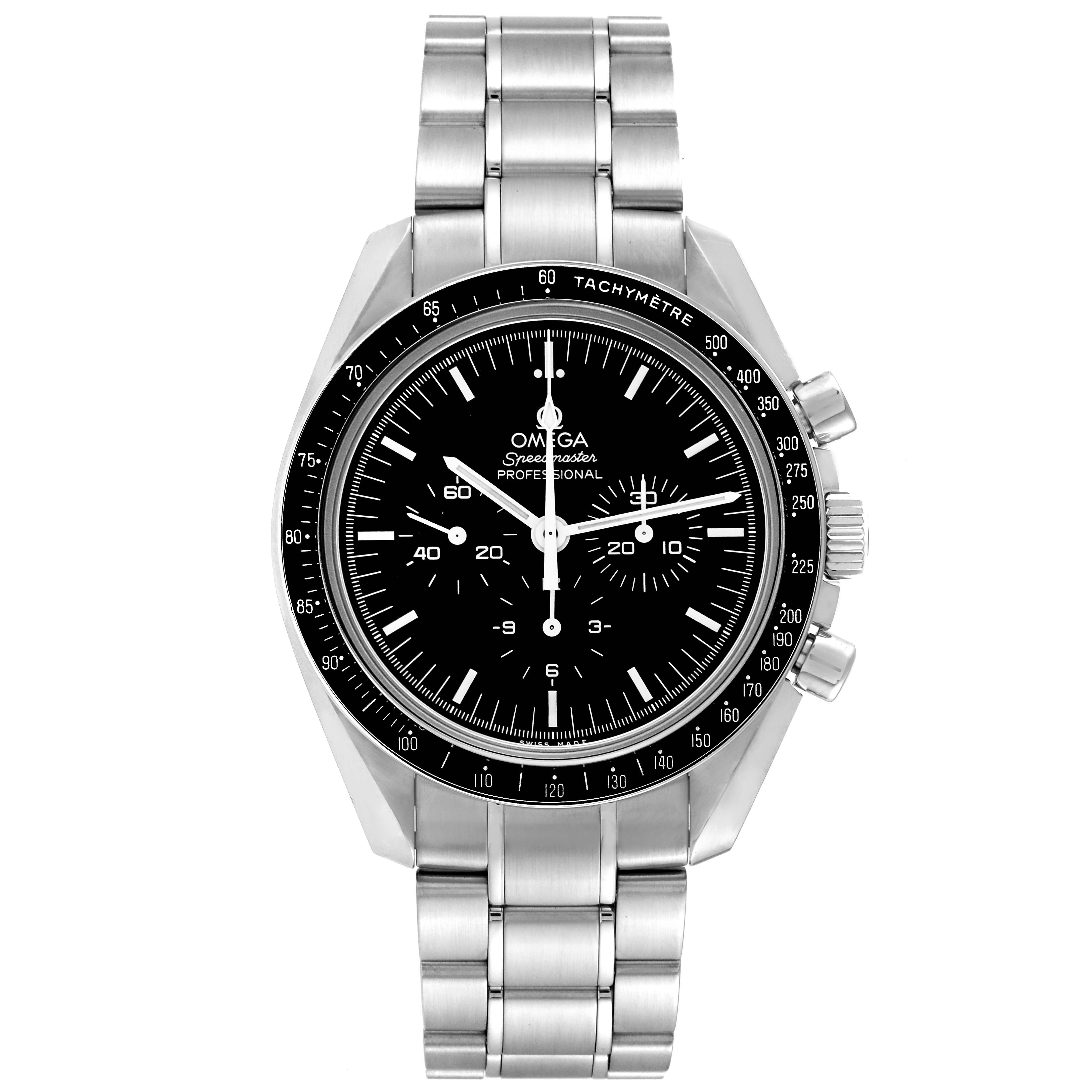 This image shows a front view of the Omega Speedmaster 59802 Men
s Stainless Steel Black Dial 59802 Men
s Stainless Steel Black Dial wristwatch, featuring its bracelet, face, dial, and pushers.