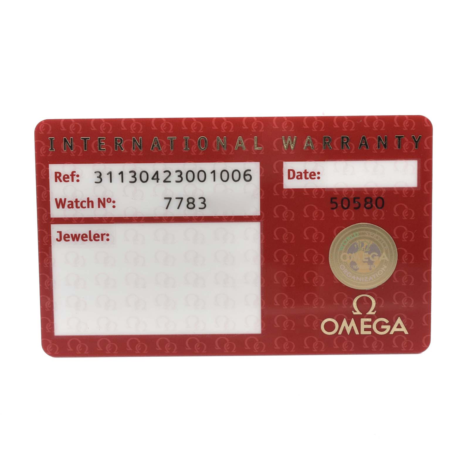 This is an international warranty card for the Omega Speedmaster 59802 Men
s Stainless Steel Black Dial 59802 Men
s Stainless Steel Black Dial watch model.