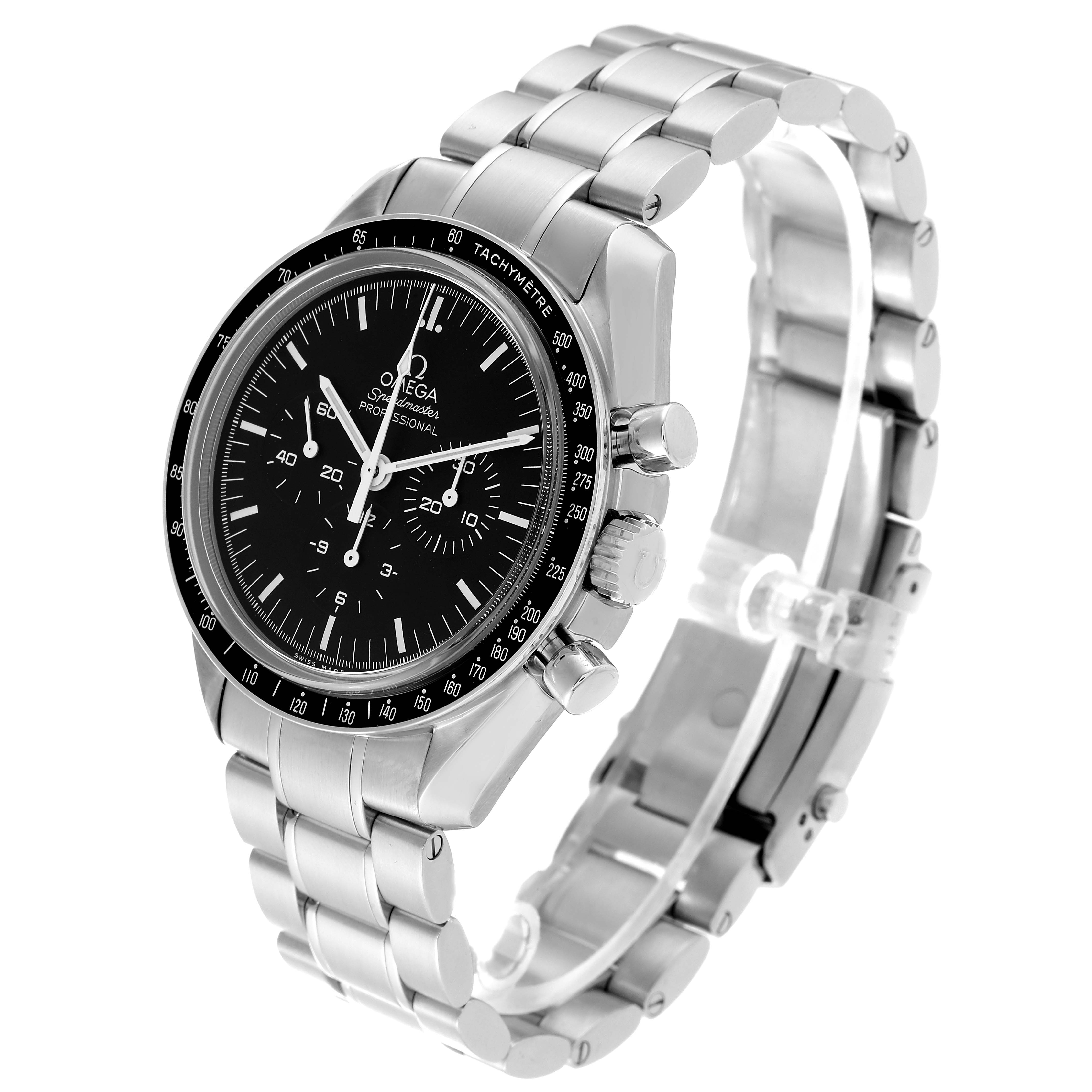 The Omega Speedmaster 59802 Men
s Stainless Steel Black Dial 59802 Men
s Stainless Steel Black Dial watch is shown from a three-quarter view, highlighting its face, bezel, controls, and metal bracelet.