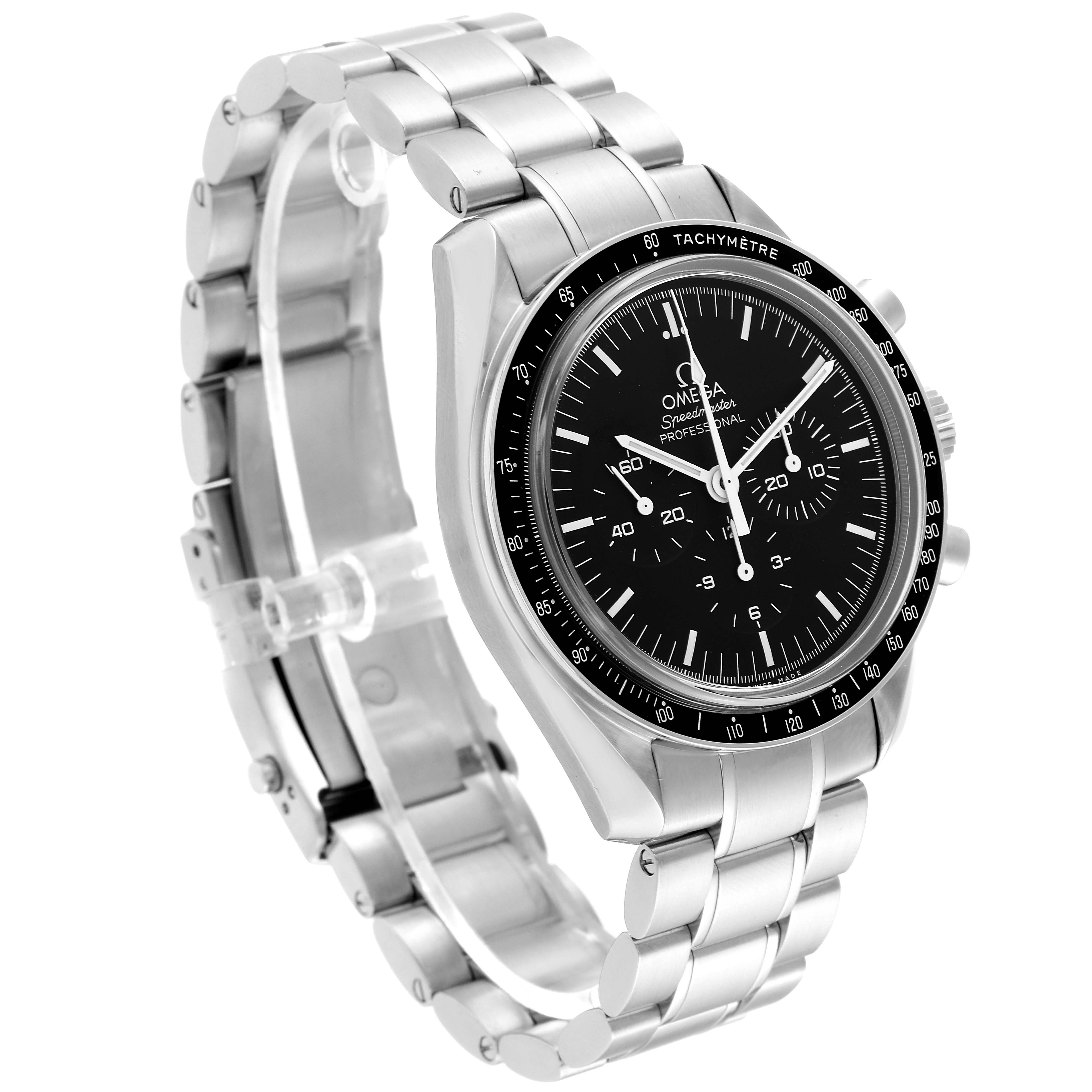 The image shows a side-angle view of the Omega Speedmaster 59802 Men
s Stainless Steel Black Dial 59802 Men
s Stainless Steel Black Dial watch, highlighting its bracelet and face with tachymeter bezel.