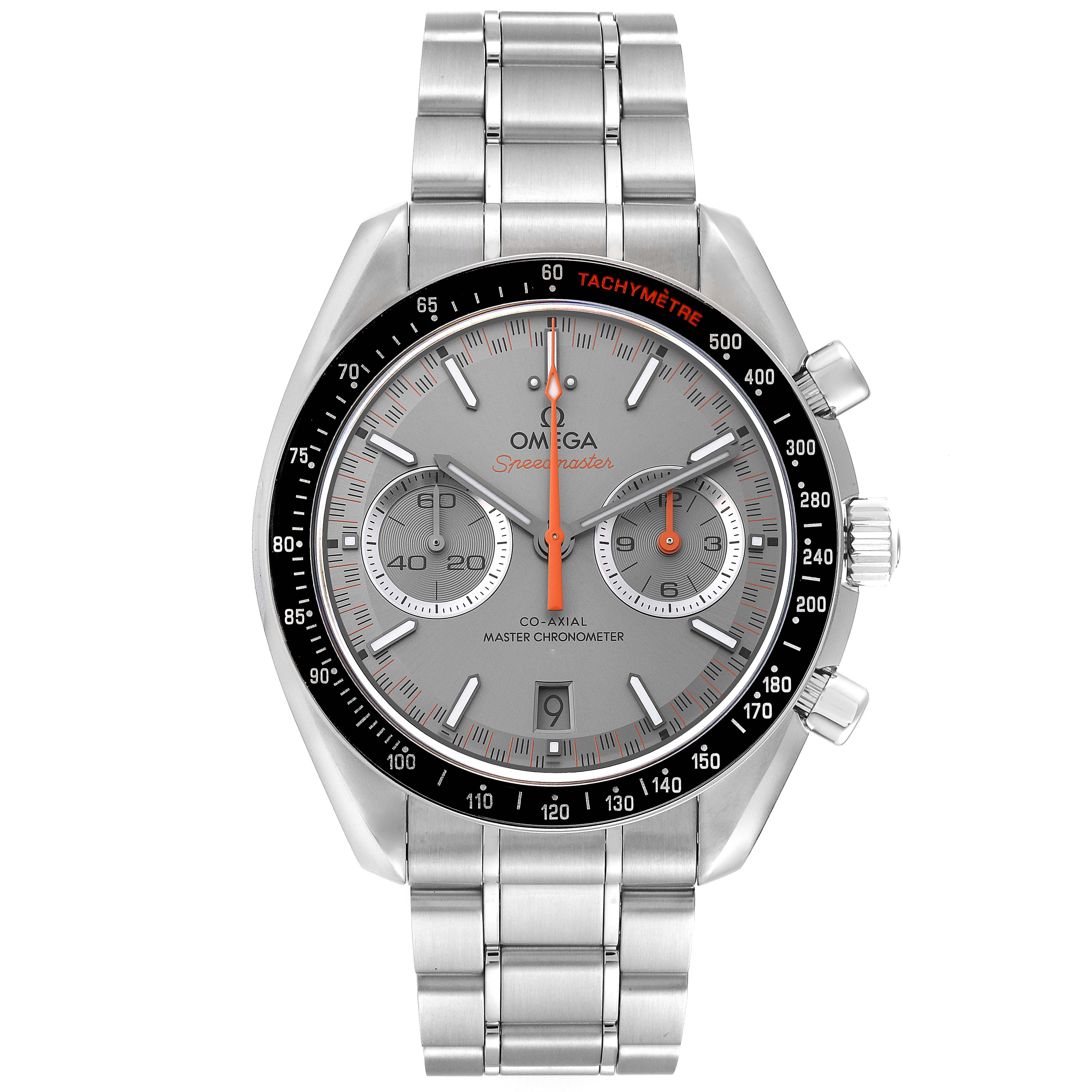 This image shows a frontal view of an Omega Speedmaster 329.30.44.51.06.001 Men's Stainless Steel Silver Dial 329.30.44.51.06.001 Men's Stainless Steel Silver Dial watch, highlighting its dial, chronograph subdials, and stainless steel bracelet.