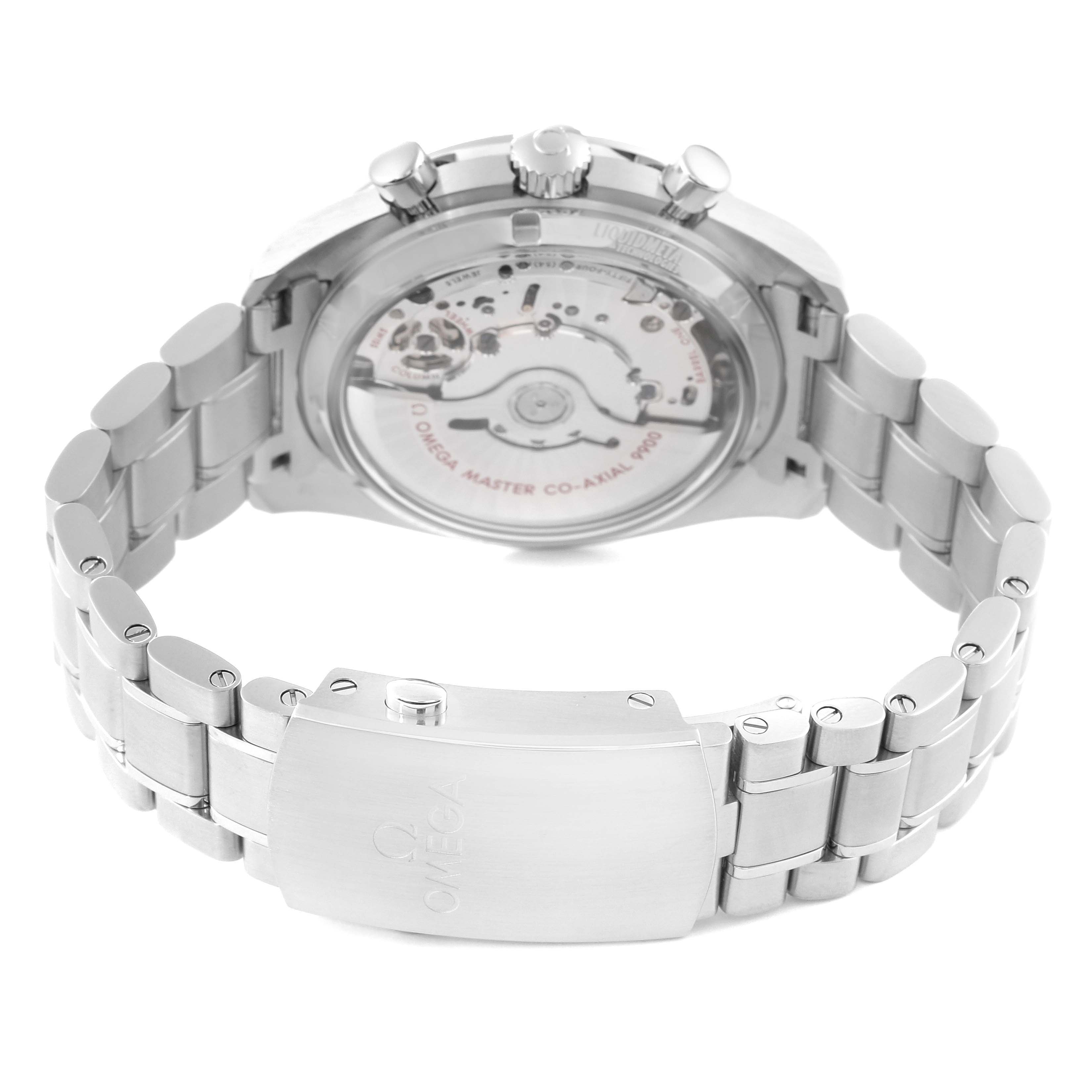 This image shows the back of the Omega Speedmaster 329.30.44.51.06.001 Men's Stainless Steel Silver Dial 329.30.44.51.06.001 Men's Stainless Steel Silver Dial watch, highlighting its open case back and metal bracelet.