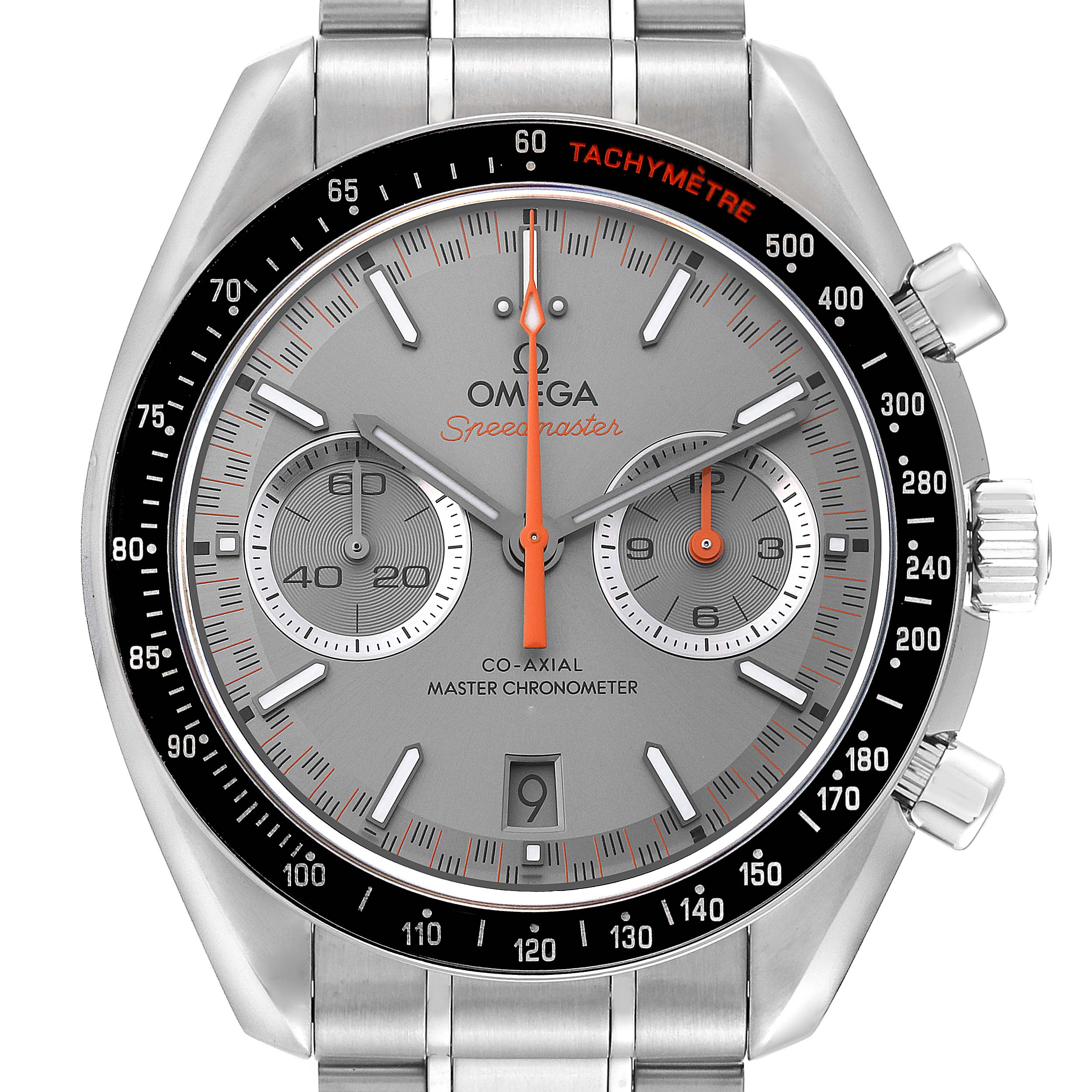 The image shows a close-up front view of the Omega Speedmaster 329.30.44.51.06.001 Men's Stainless Steel Silver Dial 329.30.44.51.06.001 Men's Stainless Steel Silver Dial watch face and bezel.