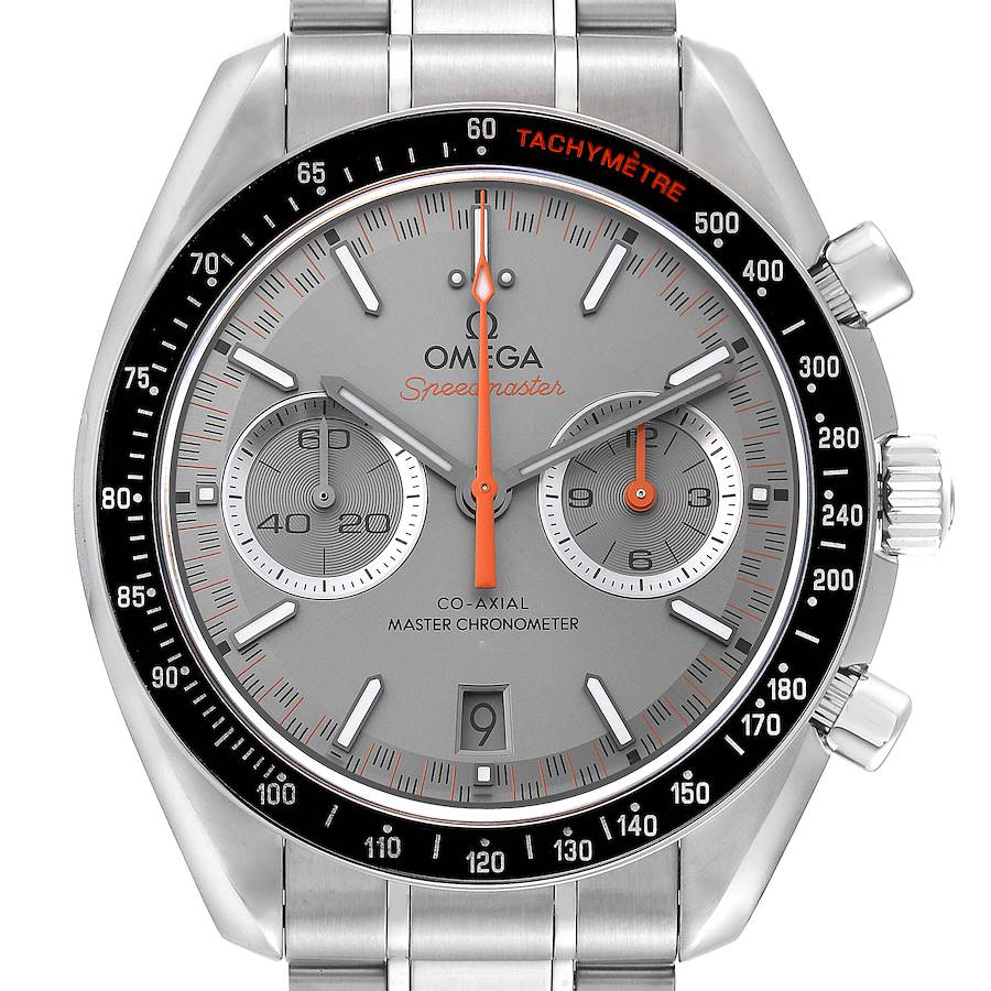 The image shows a close-up front view of the Omega Speedmaster watch face and bezel.