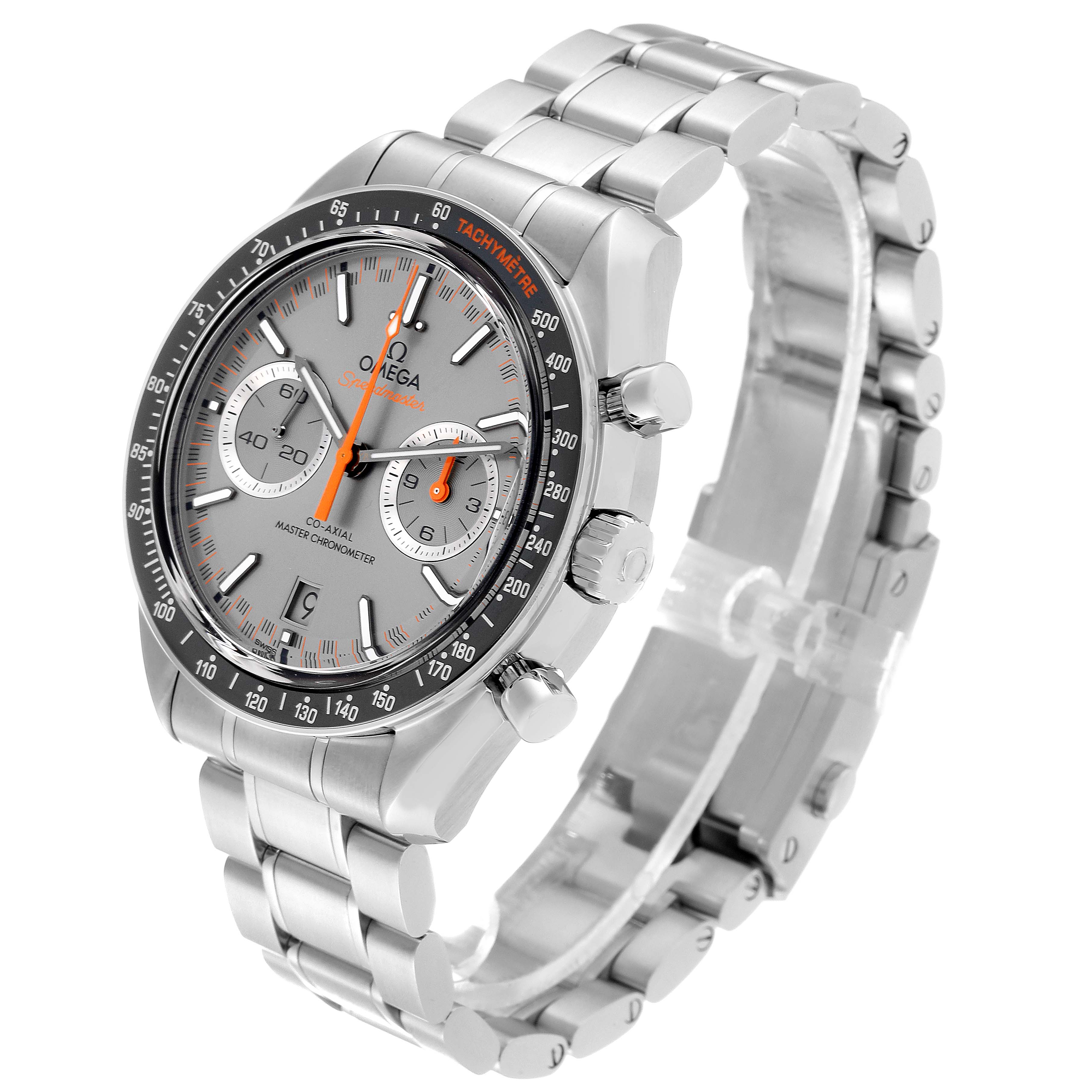 The image shows a side and top angle of an Omega Speedmaster 329.30.44.51.06.001 Men's Stainless Steel Silver Dial 329.30.44.51.06.001 Men's Stainless Steel Silver Dial watch highlighting the face, bezel, pushers, crown, and bracelet.